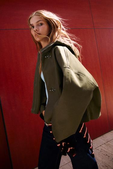 Short trench coat with hood and fireman clasp — Khaki 2