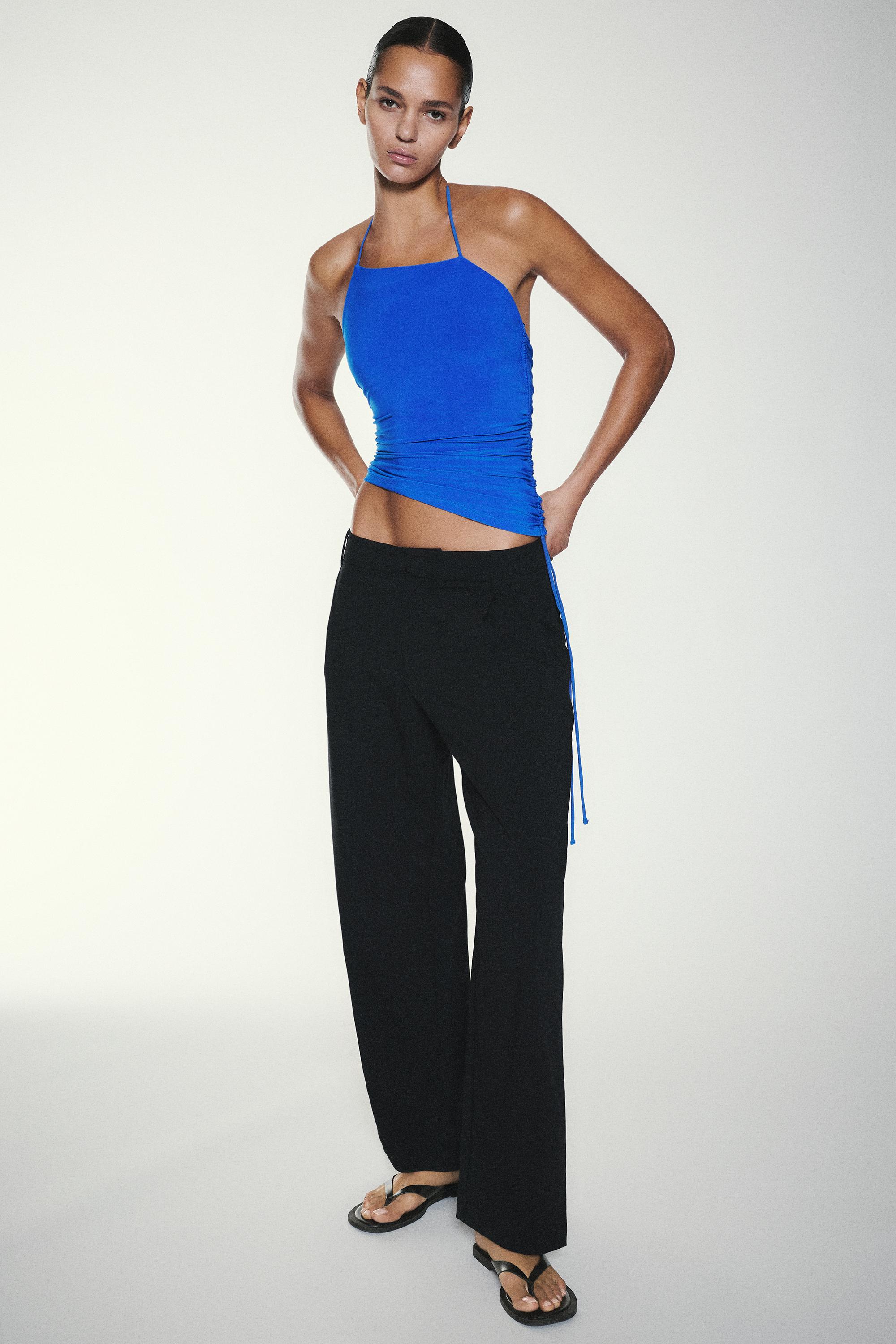 Asymmetric gathered halter top — Deep blue