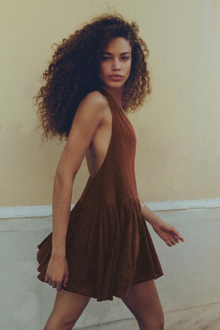 Surplice neckline short dress — Brown