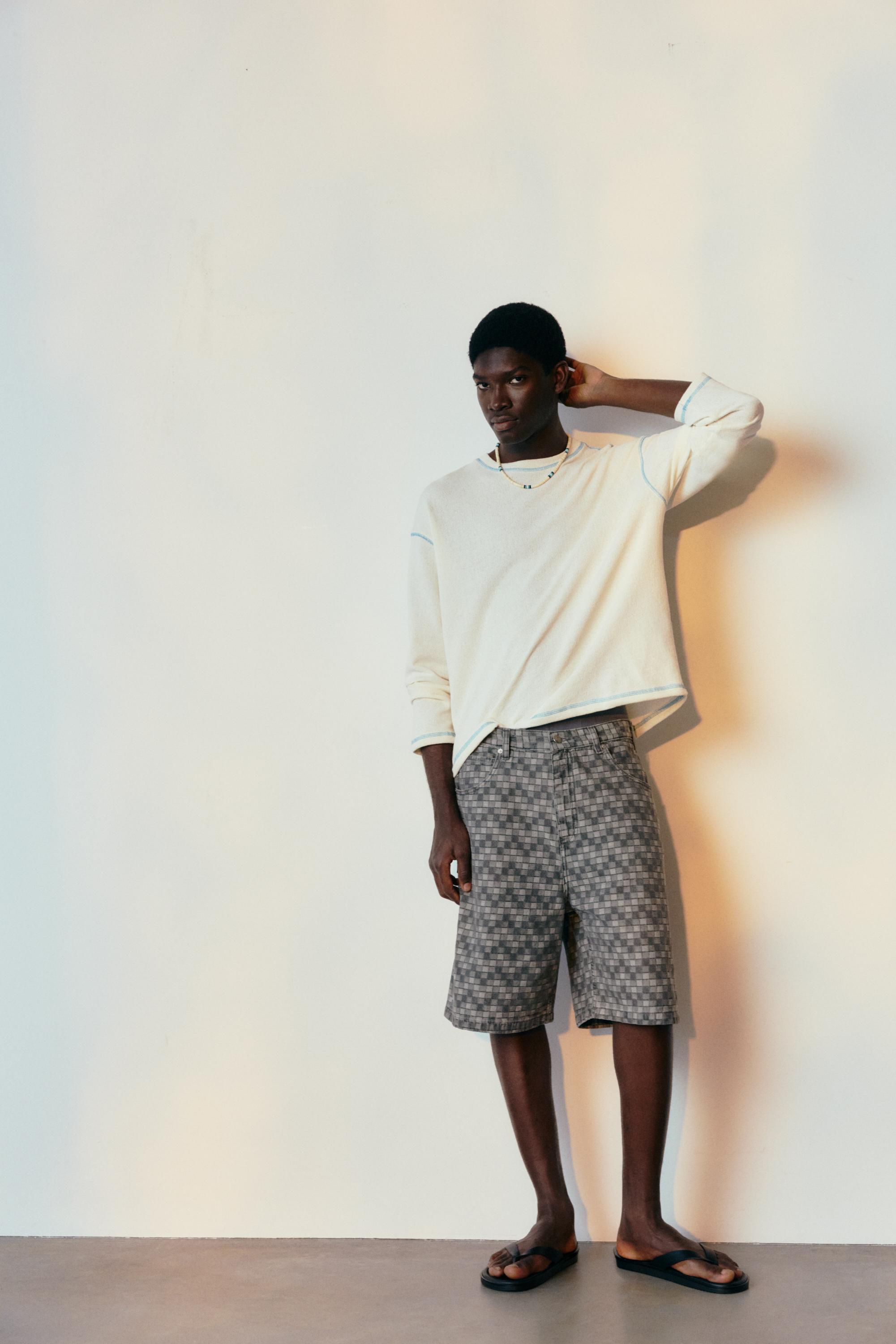 Checked denim Bermuda shorts — Faded black