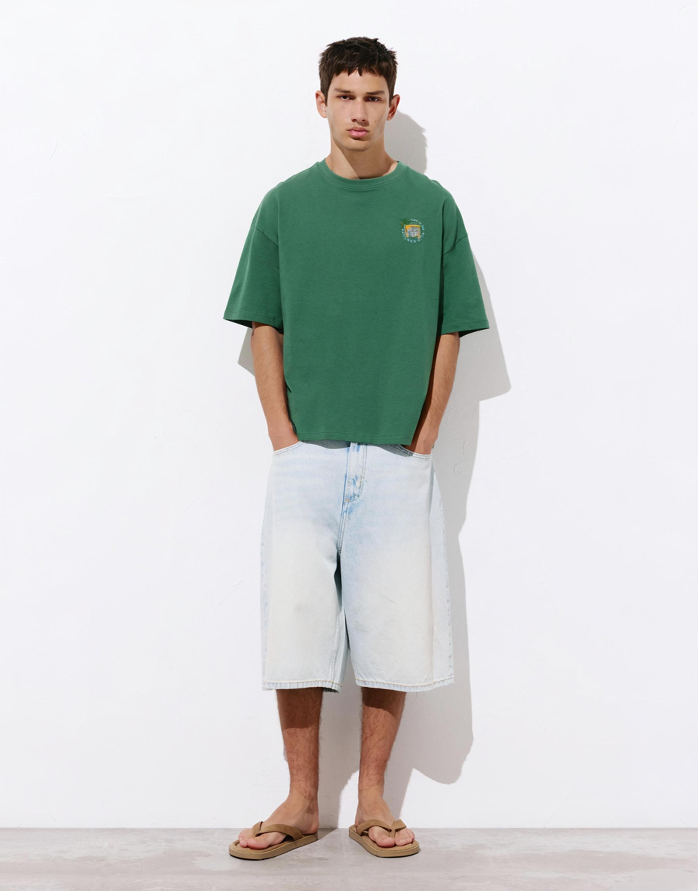 Relaxed embroidered T-shirt — Dark green marl