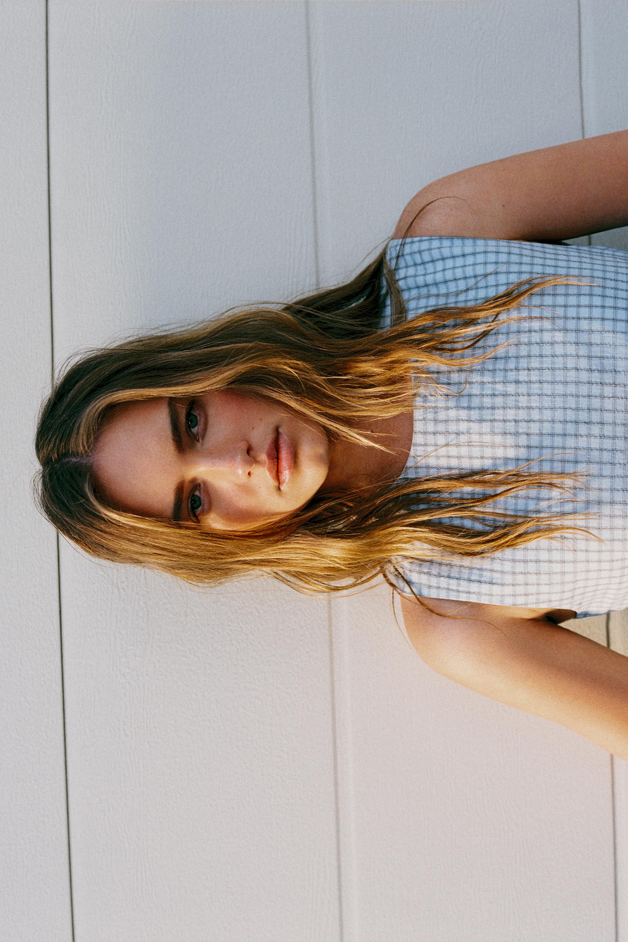 Short check dress with voluminous hem — Sky blue