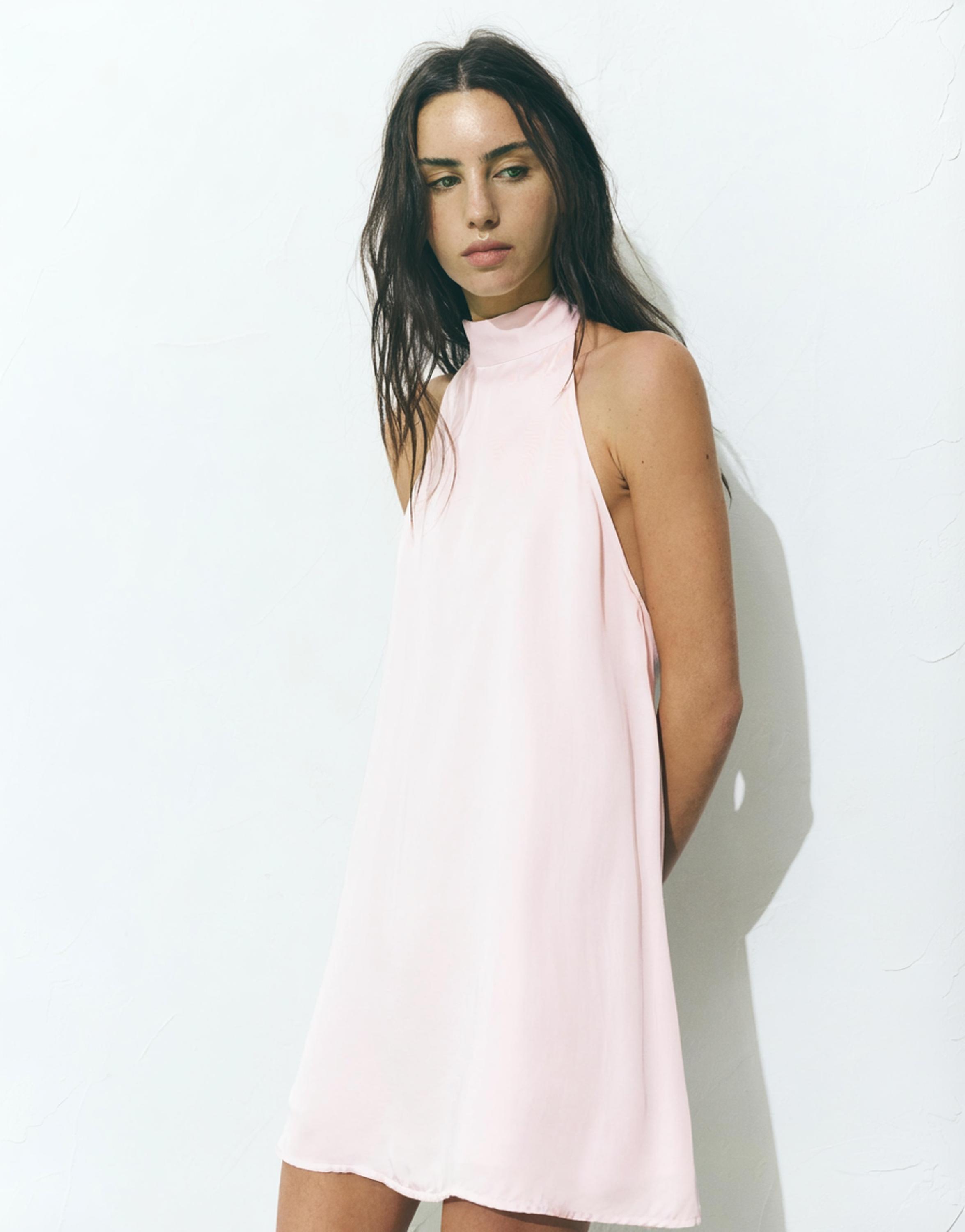 Short satin halter dress — Pastel pink