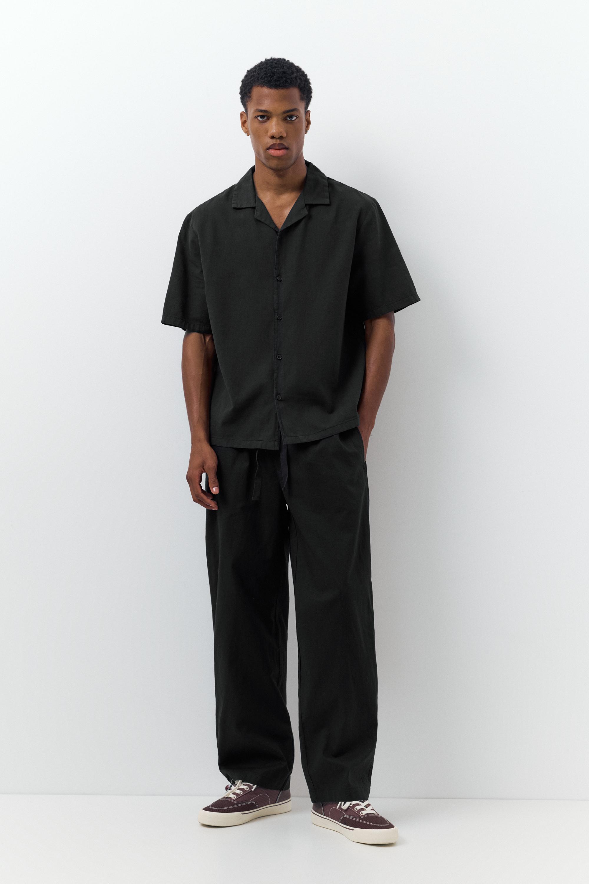 Short sleeve linen blend shirt — Black