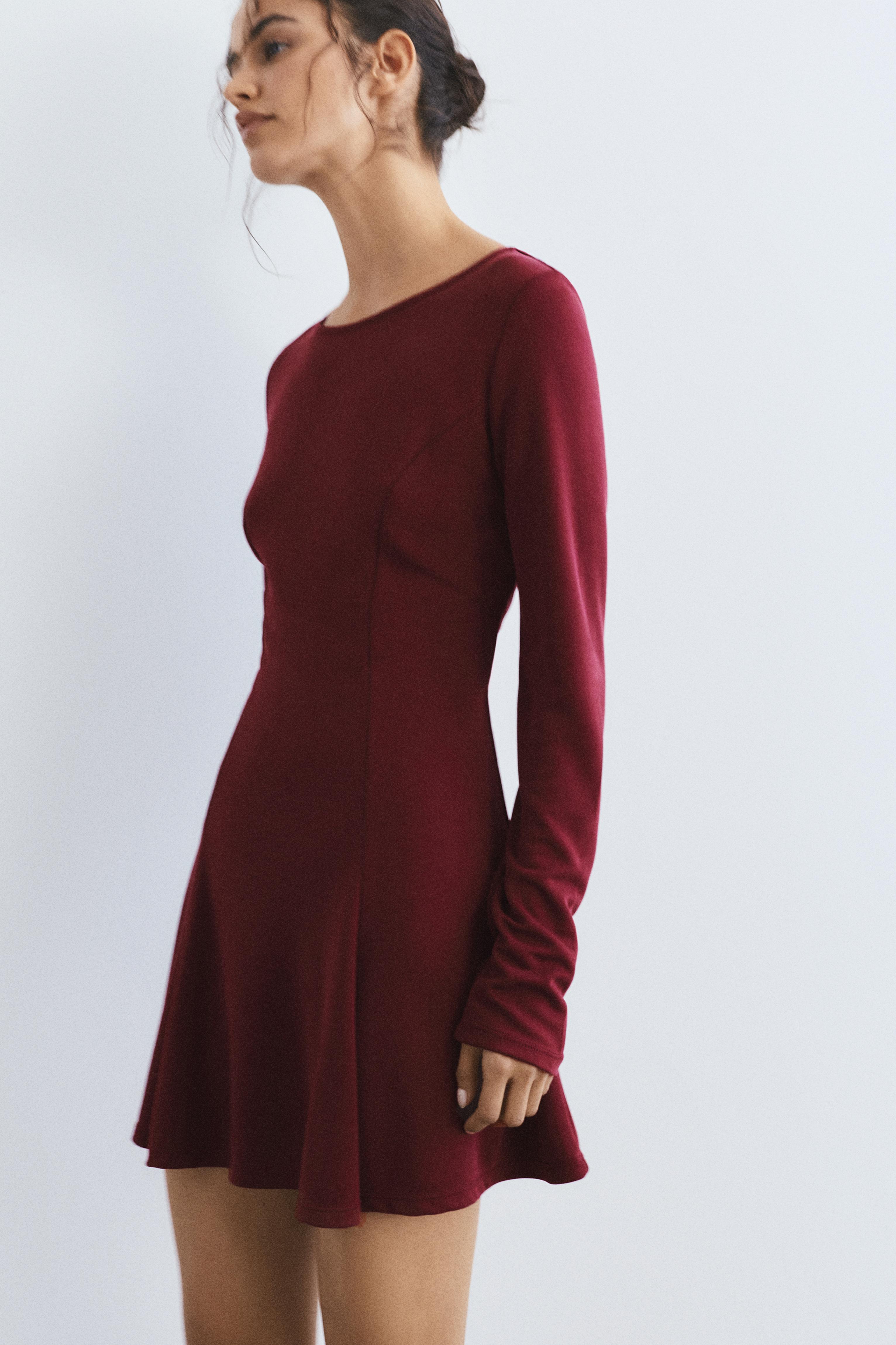 Short cupro dress with a flowing hem — Wine
