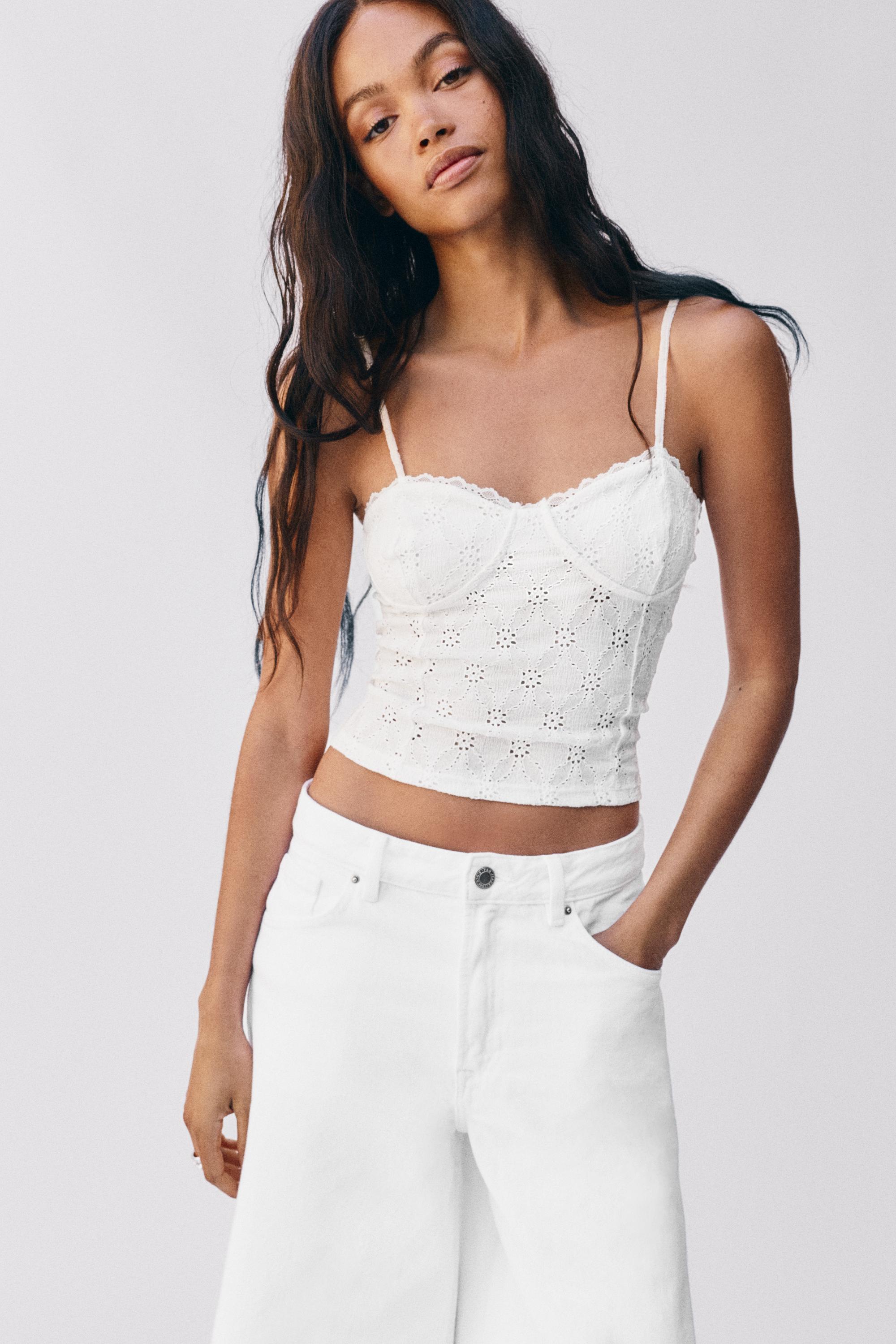 Swiss embroidered strappy corsetry-inspired top — White