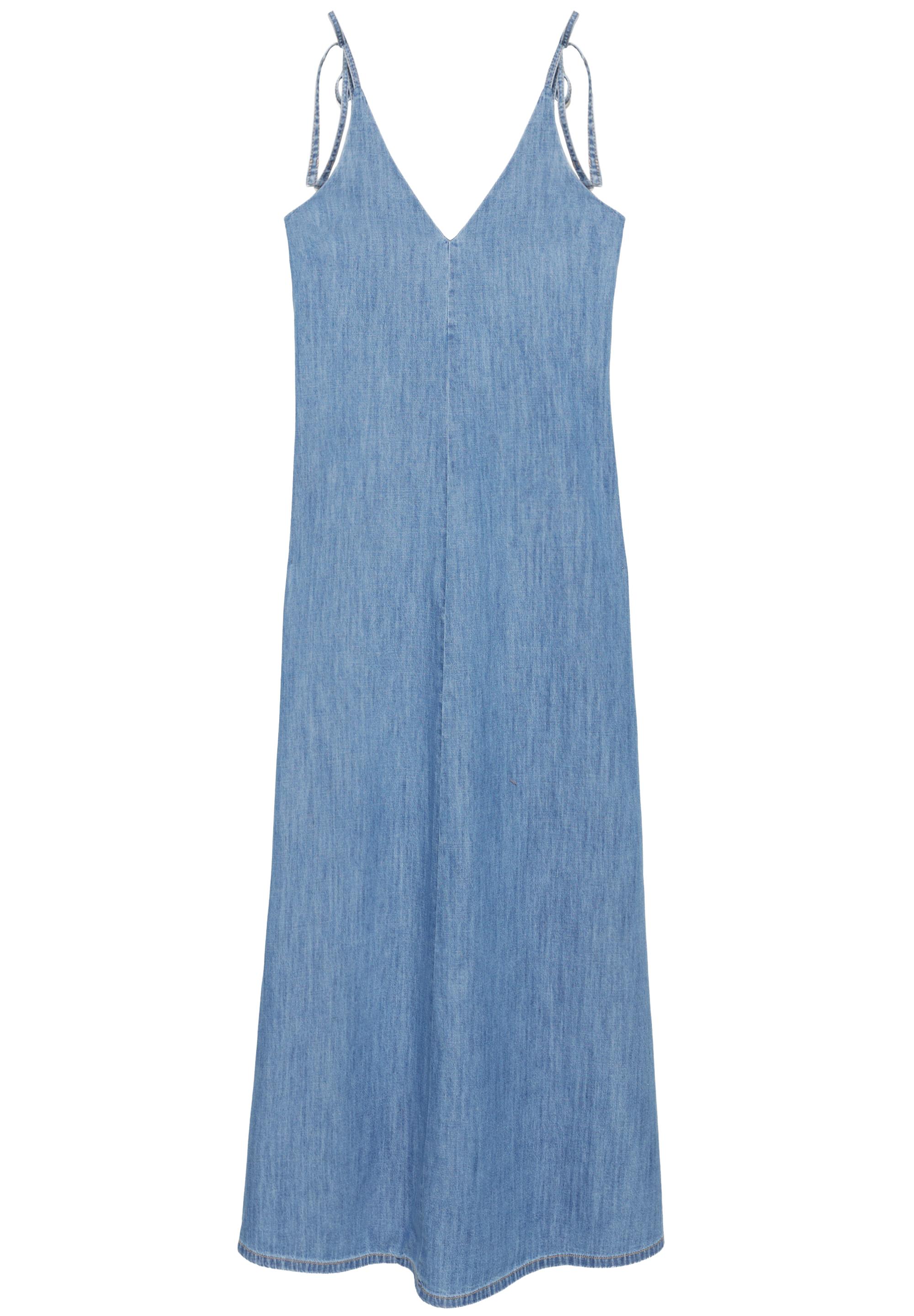 Askılı uzun jean elbise