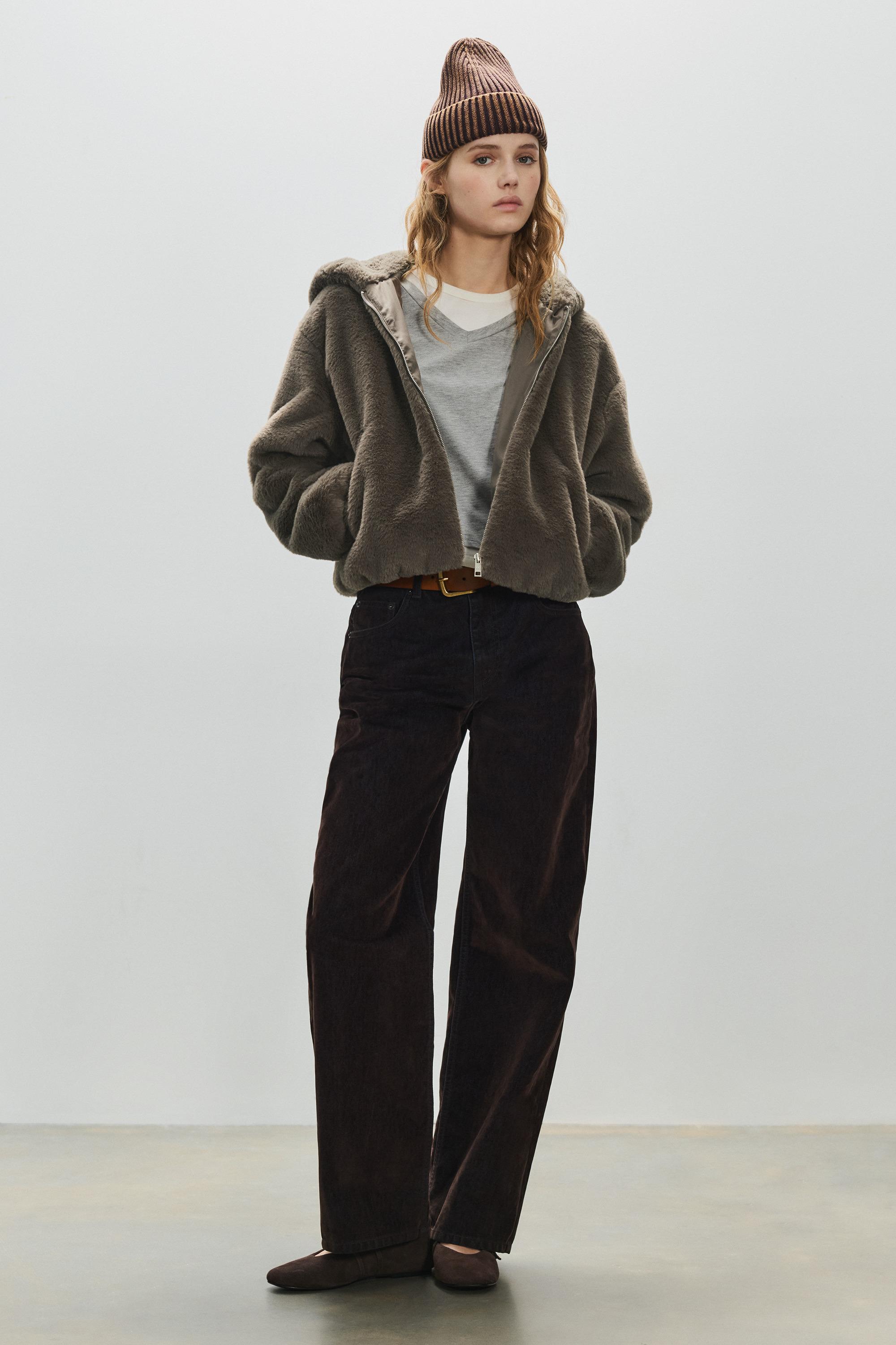 Kapüşonlu suni kürk ceket - Görsel 10