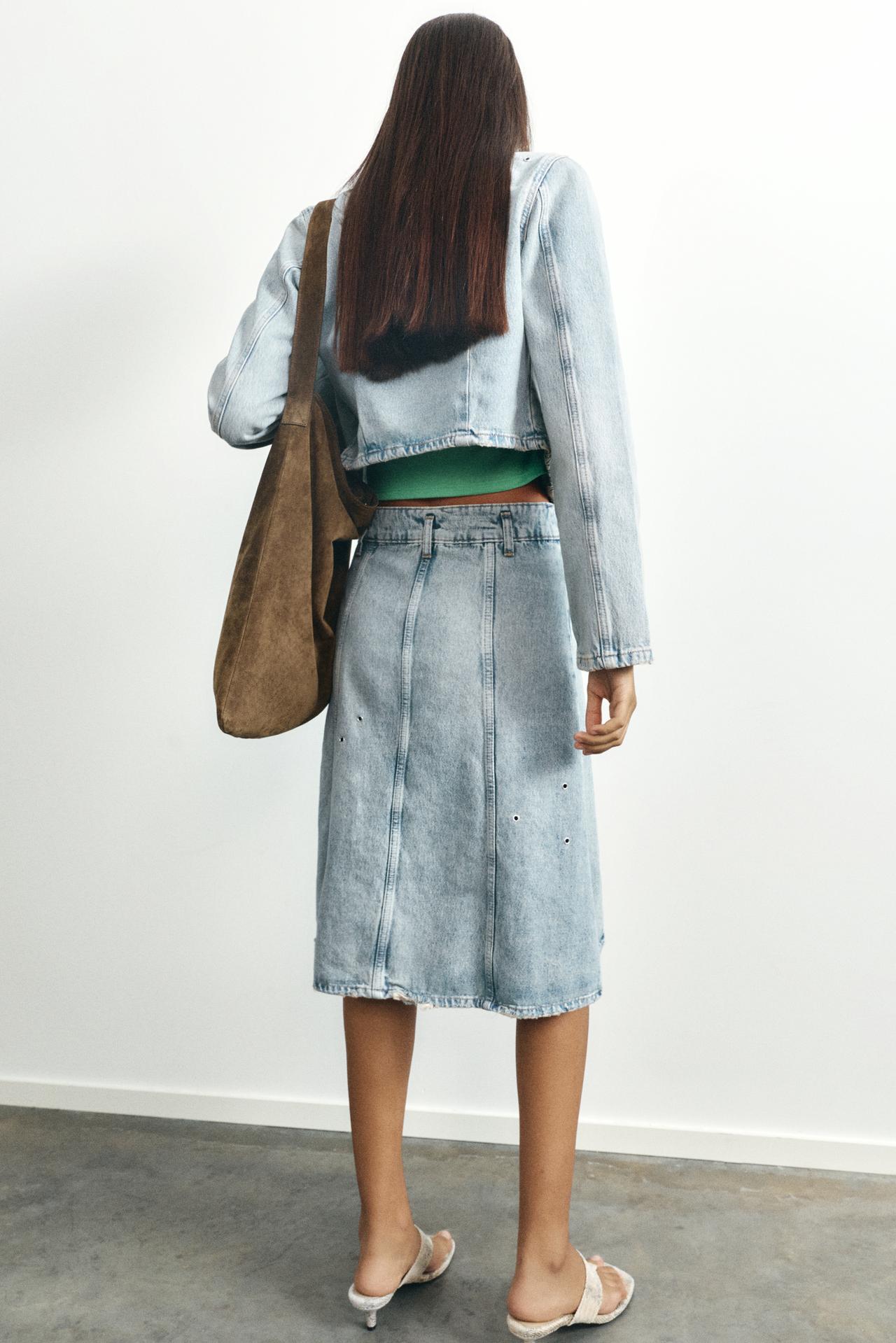 Eyelet denim midi skirt — Pale blue