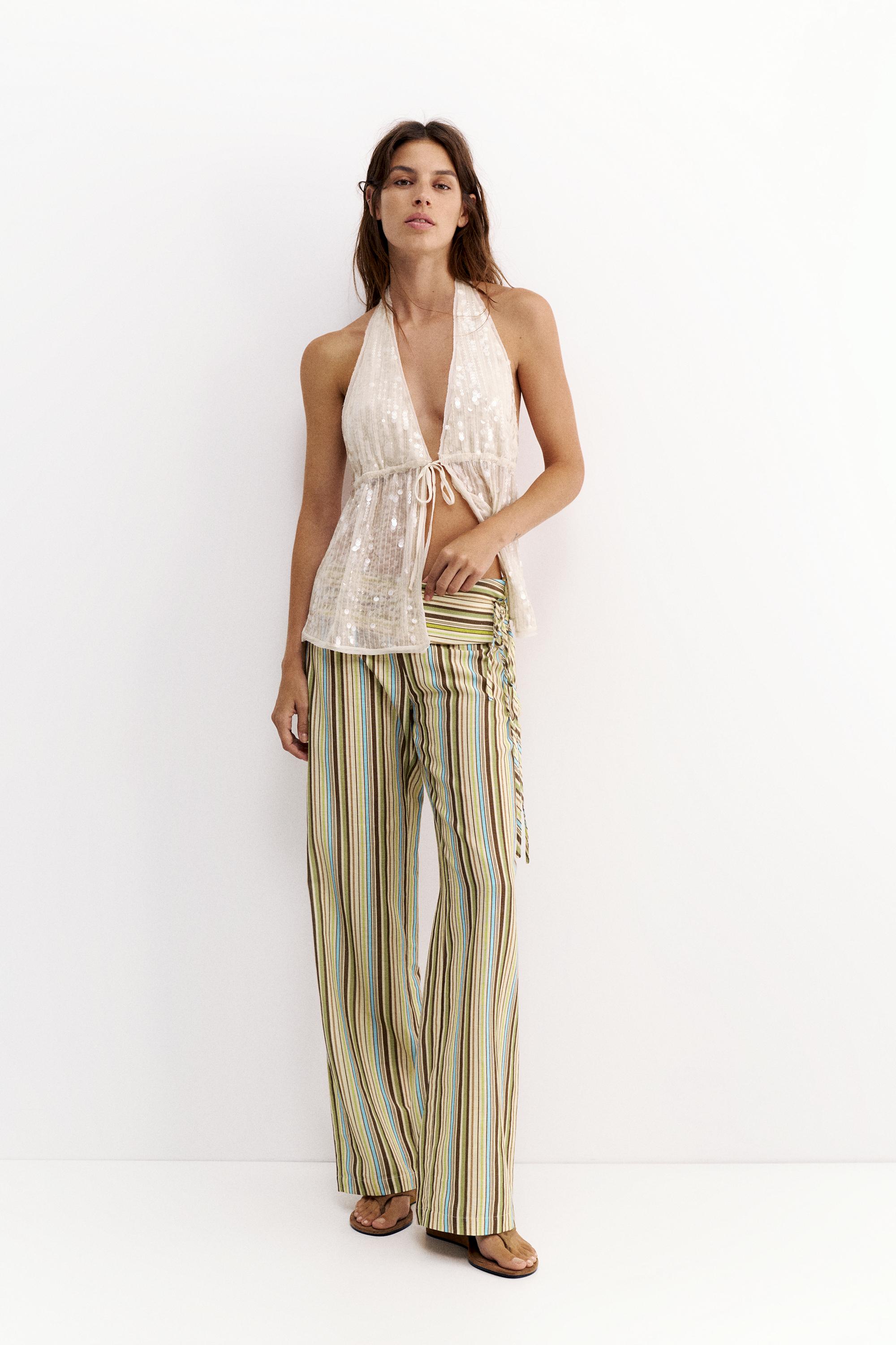 Striped tie-waist trousers — Green