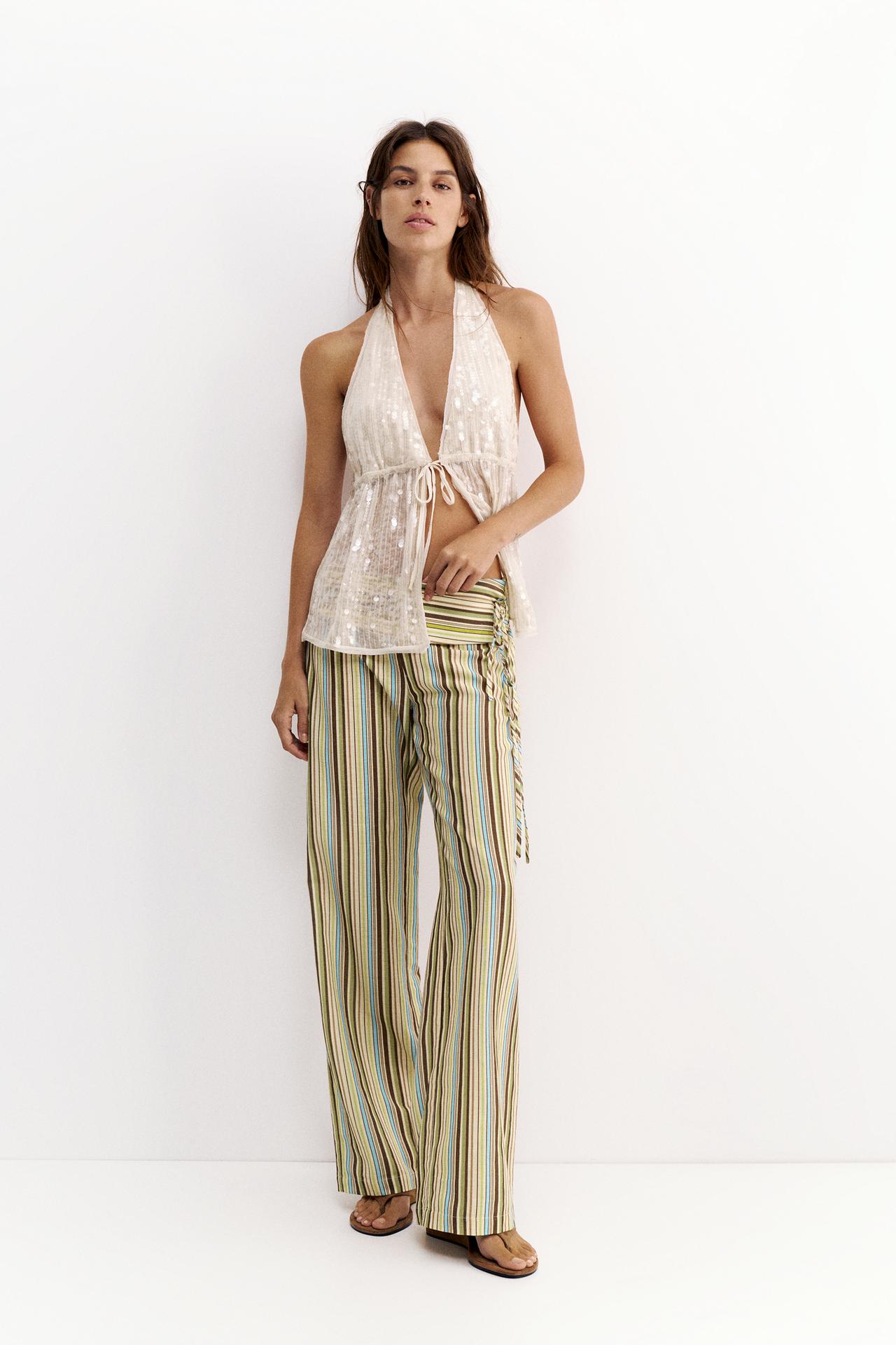 Striped tie-waist trousers — Green