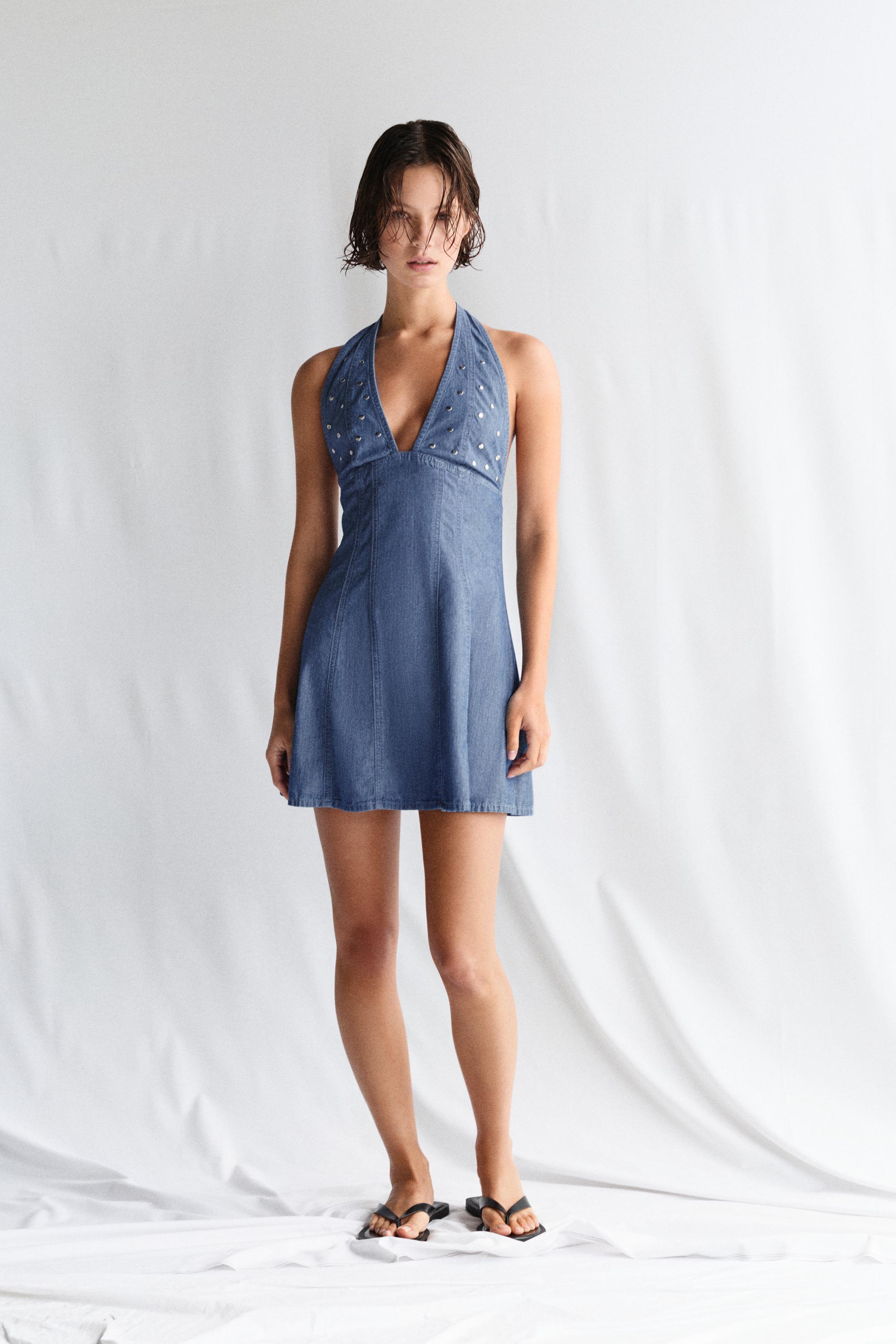 Short studded denim dress — Dark blue