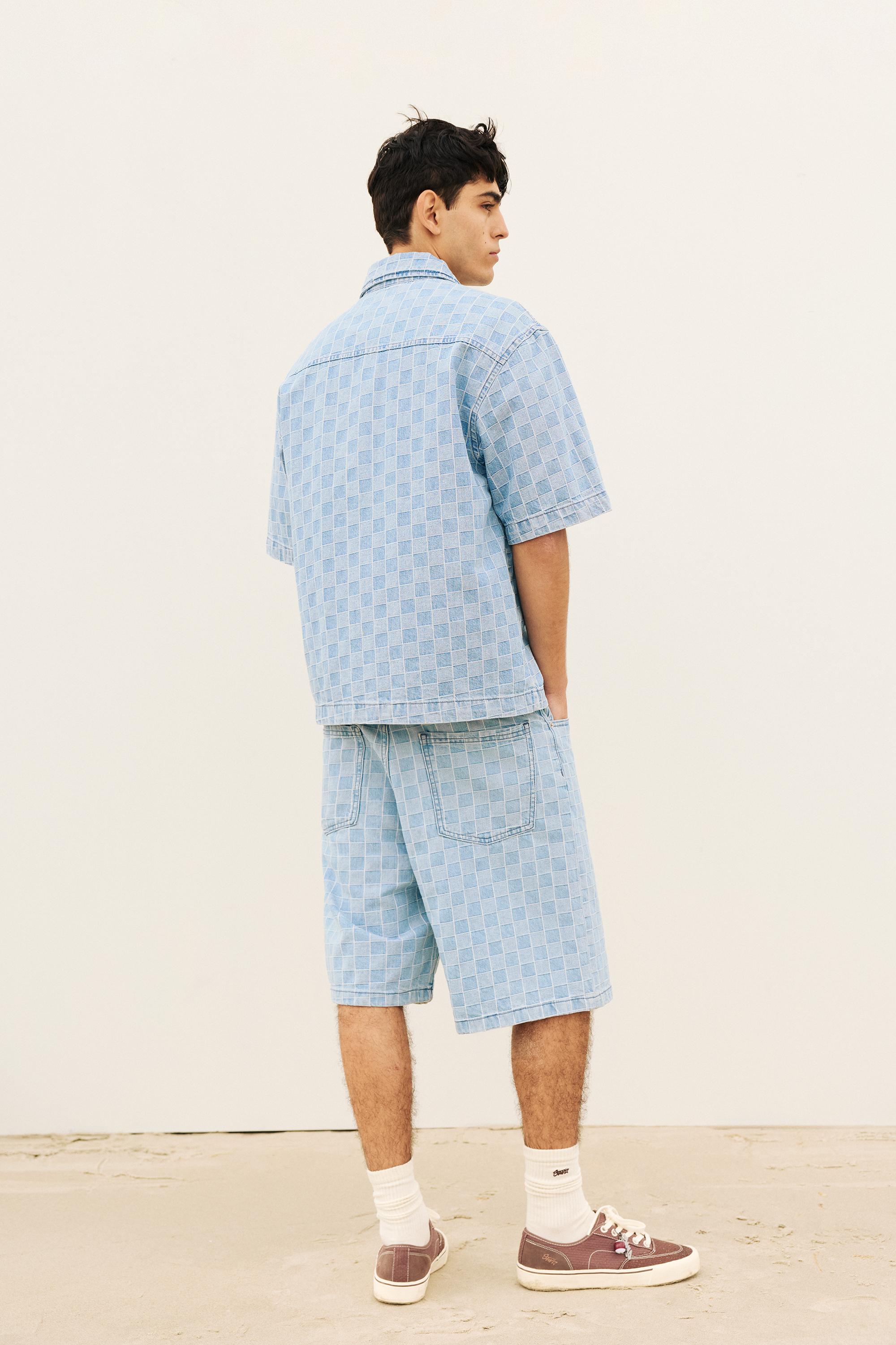 Check zip-up denim shirt — Medium blue