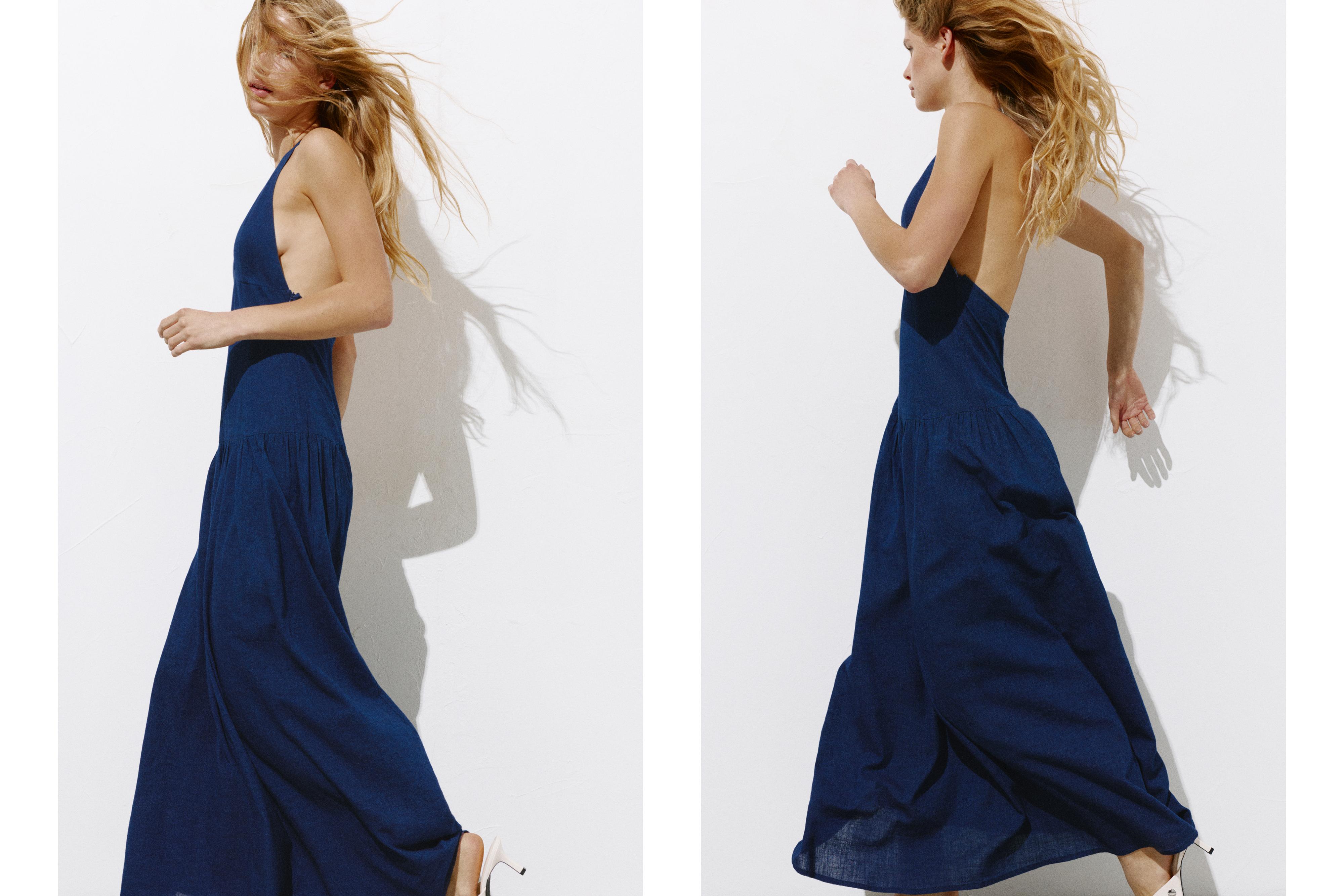 Long halter denim dress — Dark blue