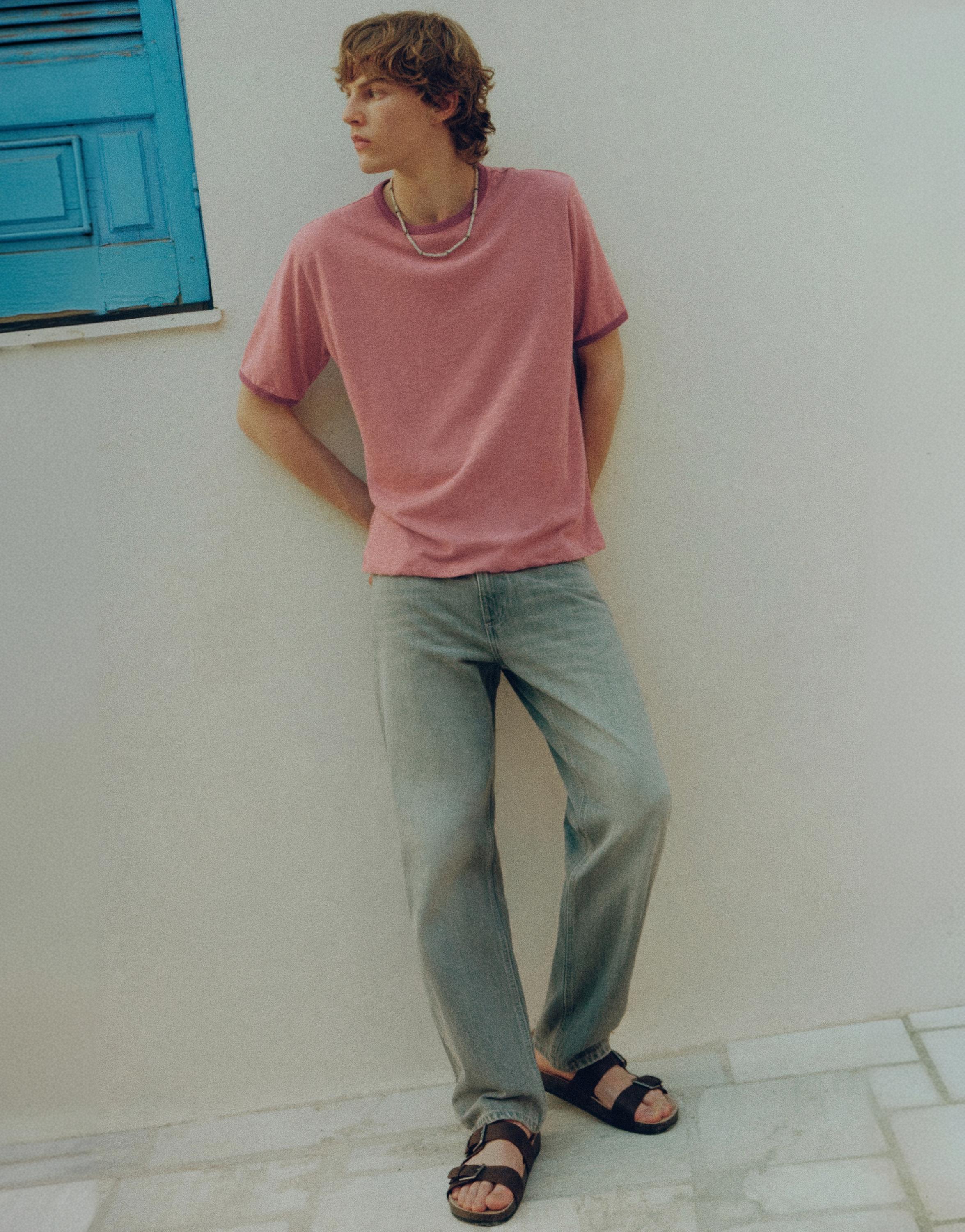 Contrast ribbed T-shirt — Pink