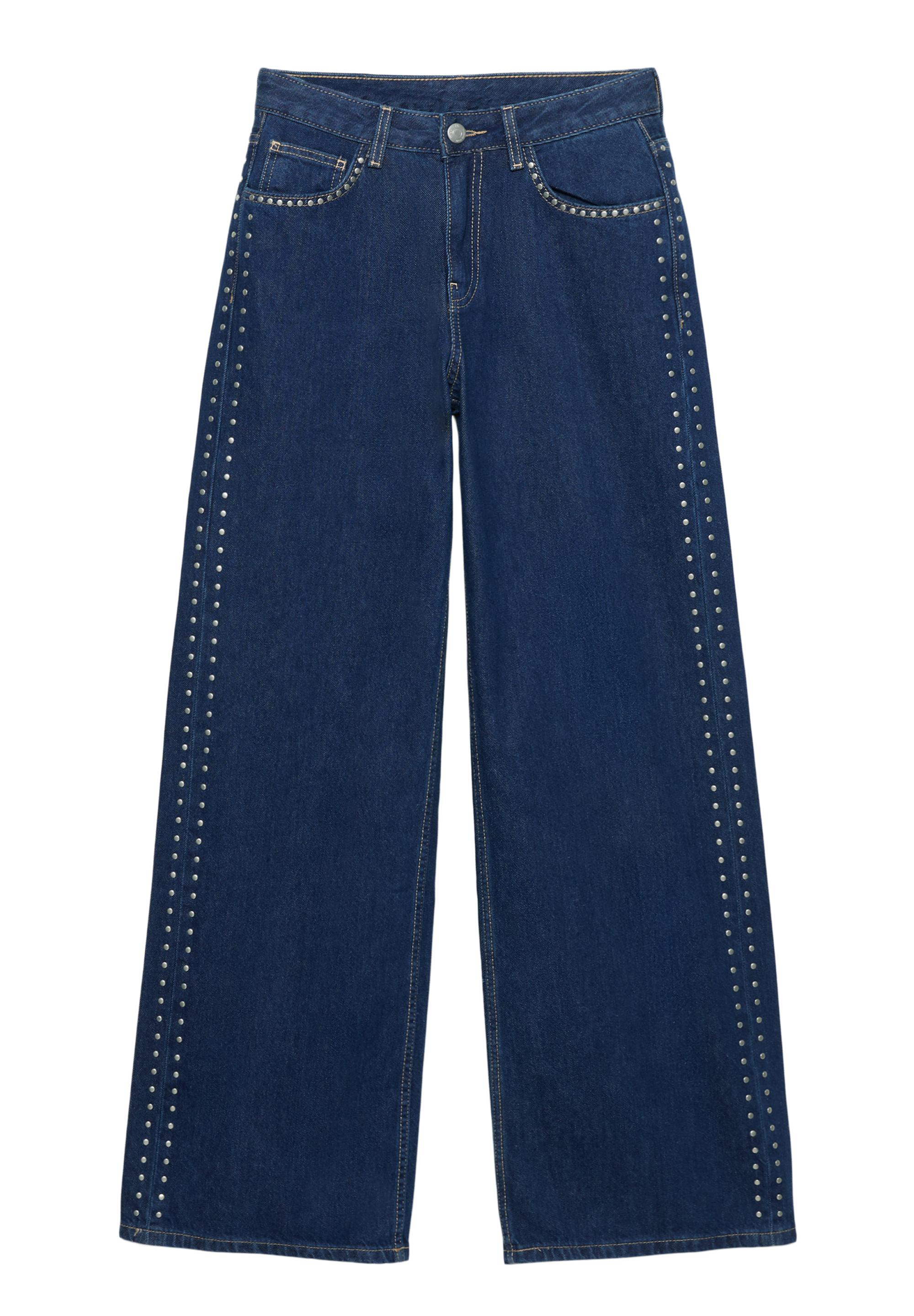 Zımbalı geniş paça jean