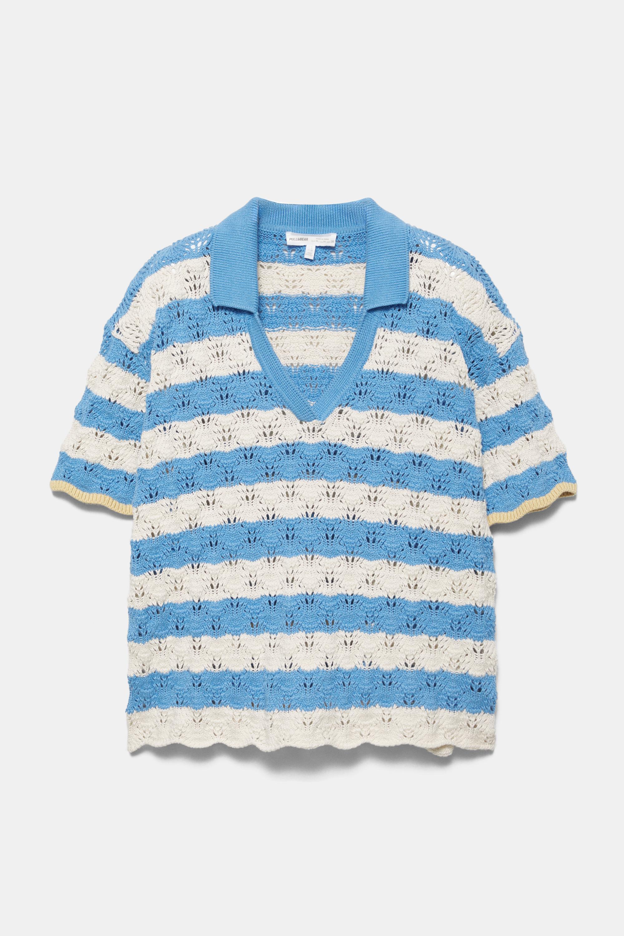 Kroşe çizgili polo tişört - Görsel 5