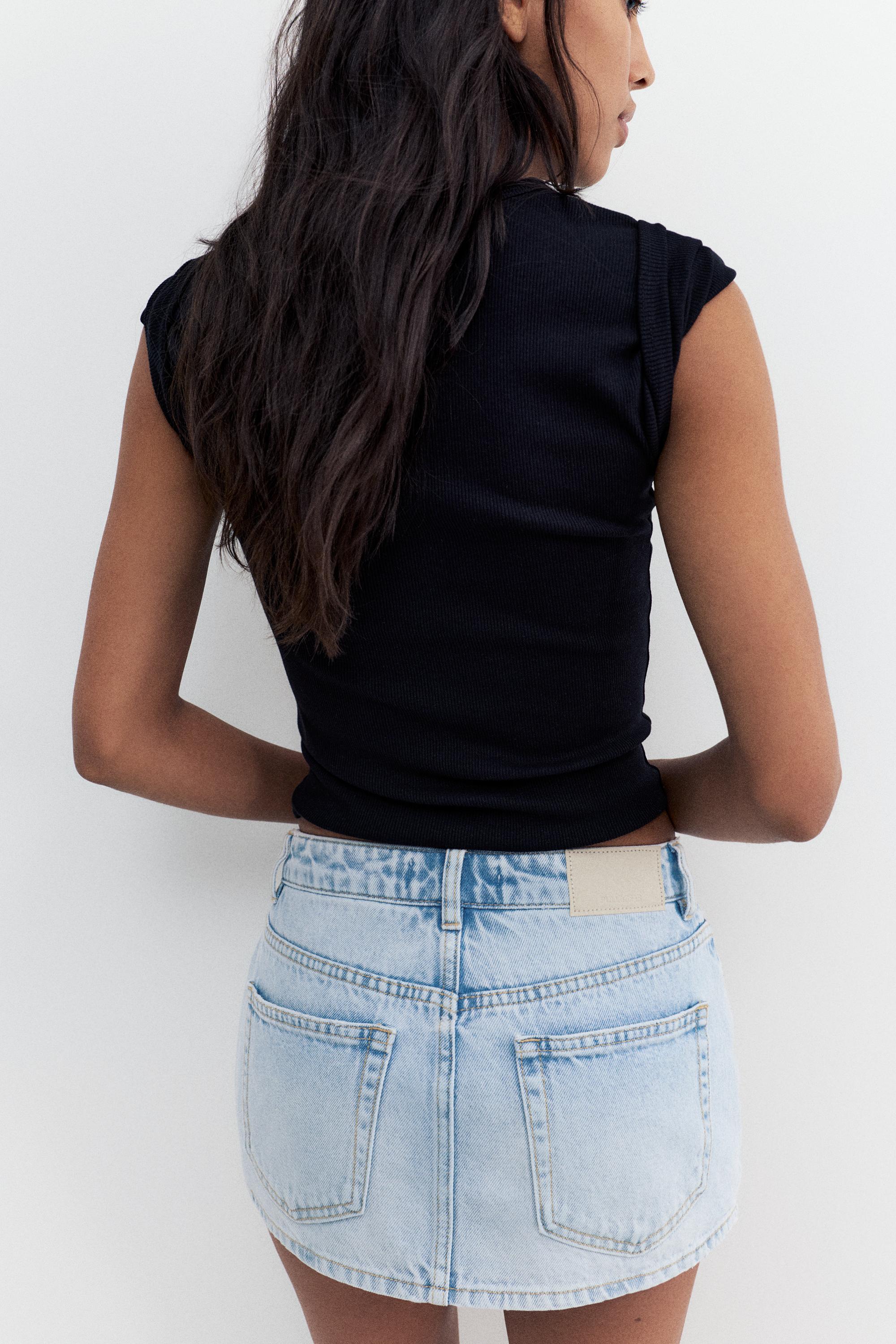 Cross-waist denim skort — Pale blue