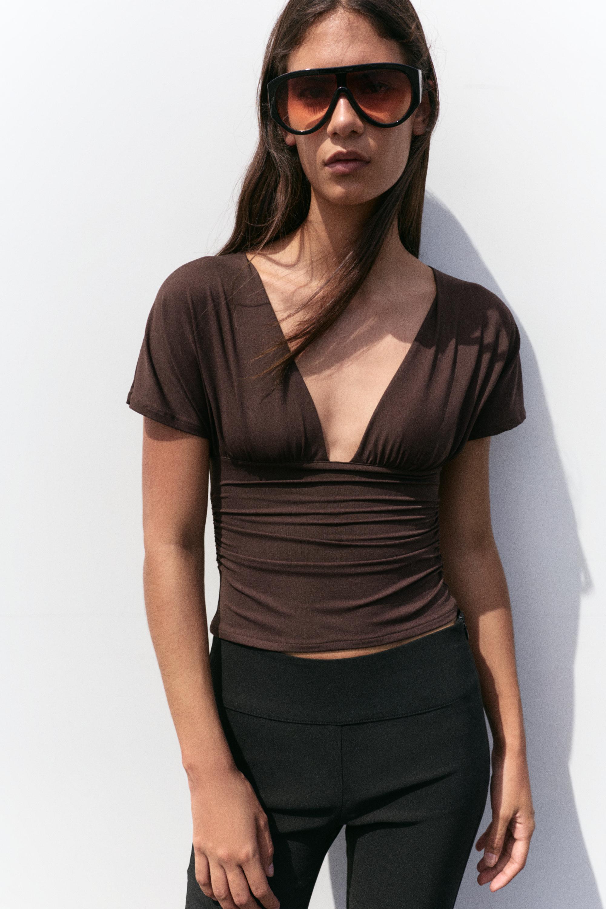 Gathered V-neck top — Brown