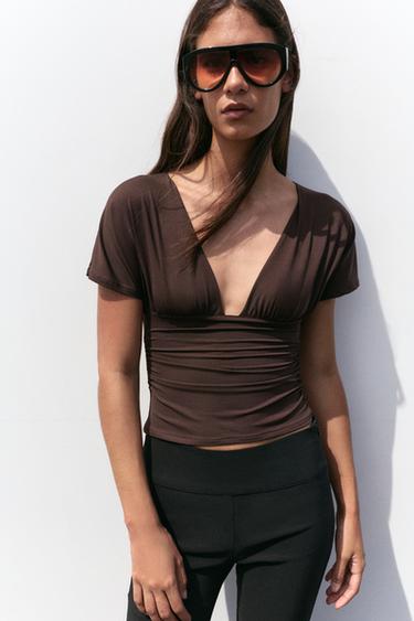 Gathered V-neck top — Brown 4
