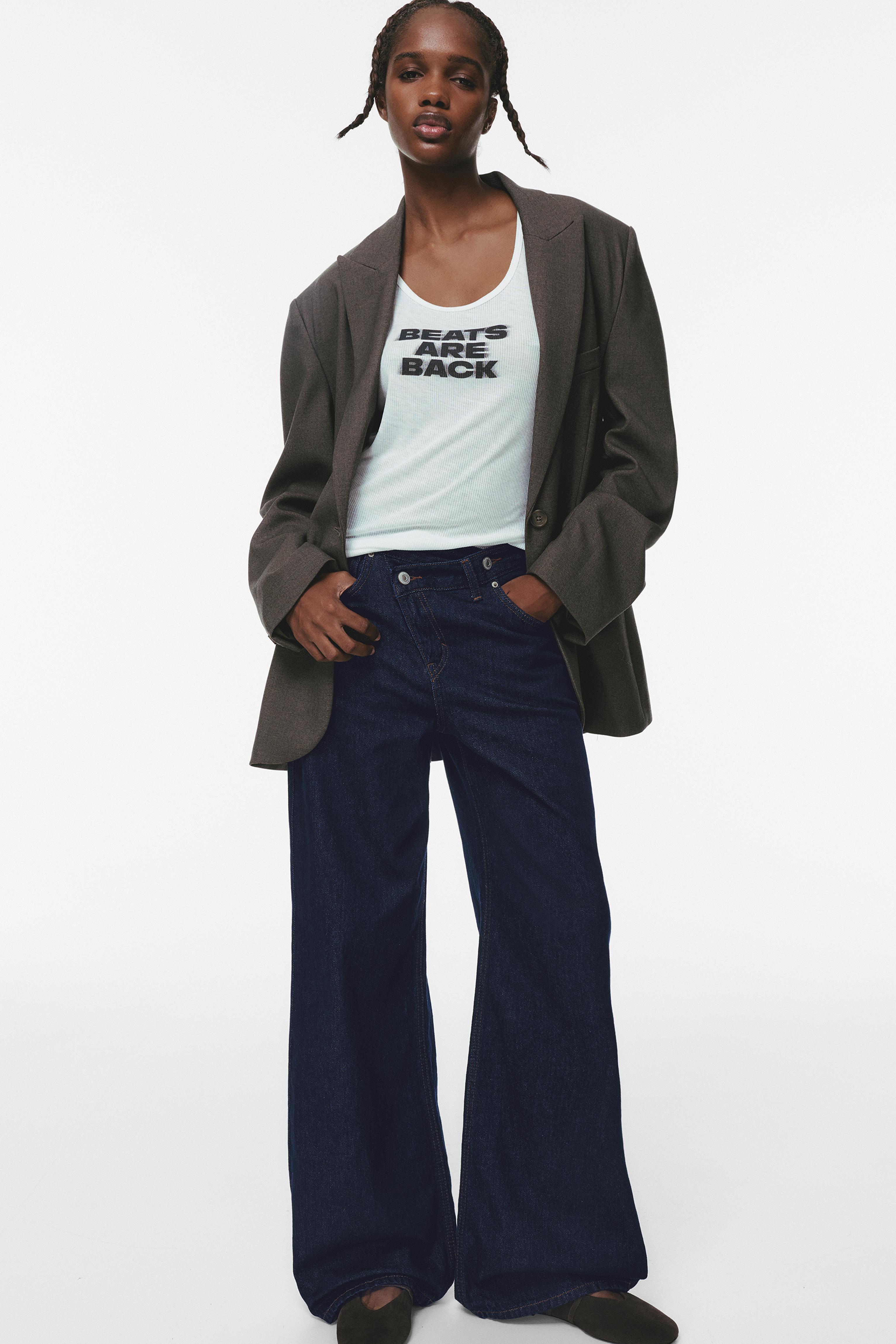 Wide leg jeans with crossover waistband — Navy