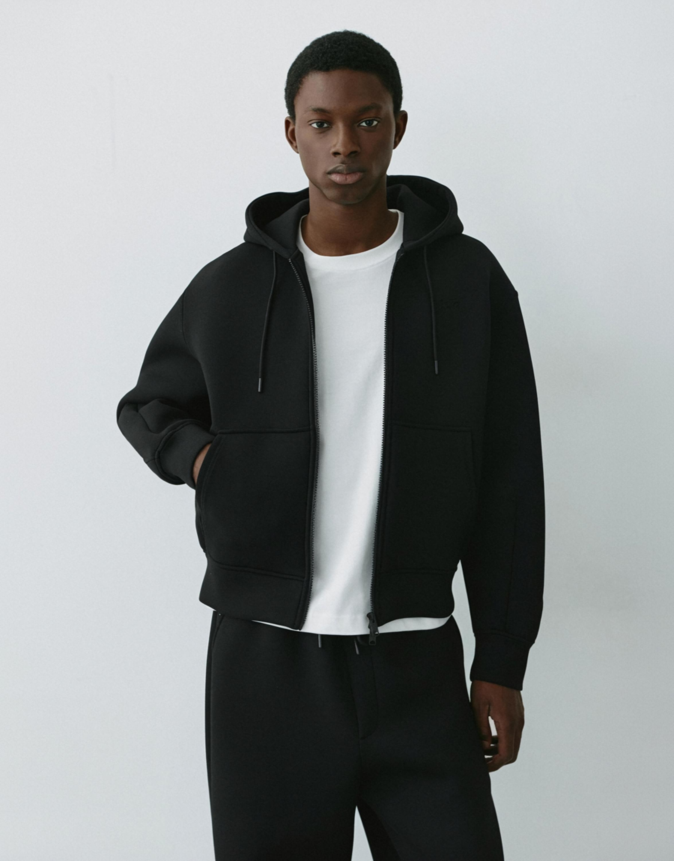Neoprene-effect zip-up hoodie — Black
