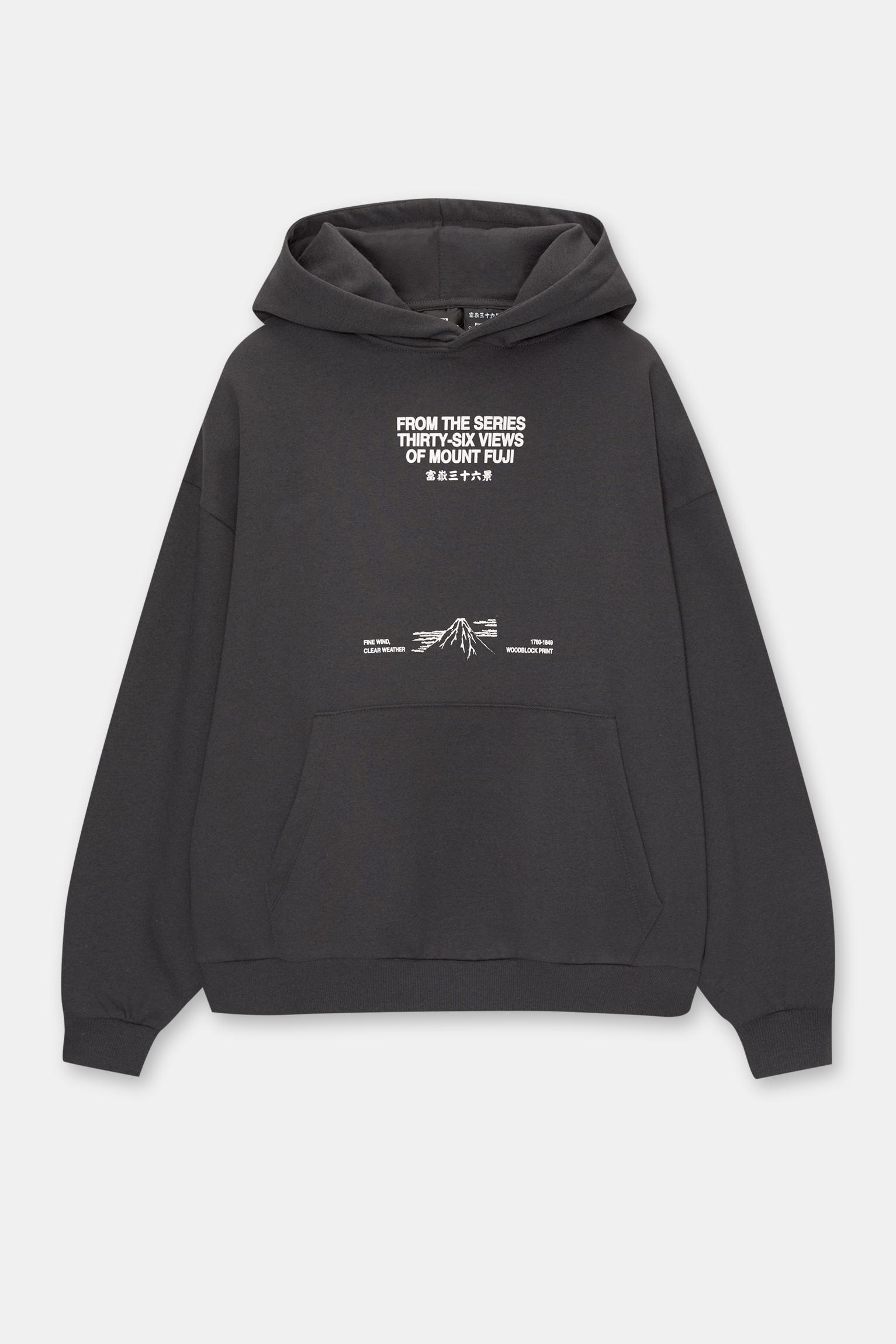 Fuji Dağı baskılı kapüşonlu sweatshirt