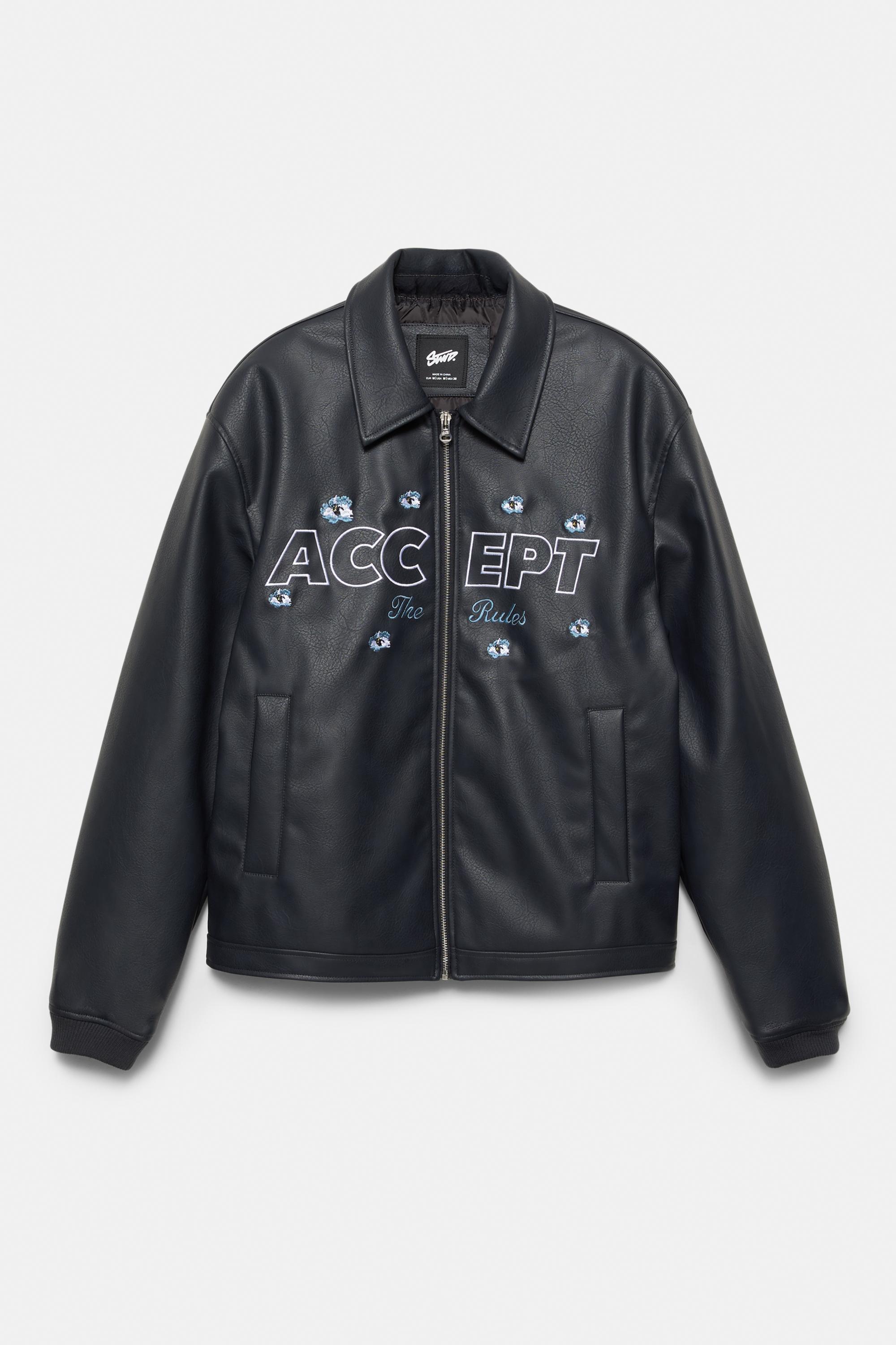 Faux leather jacket with flowers — Black