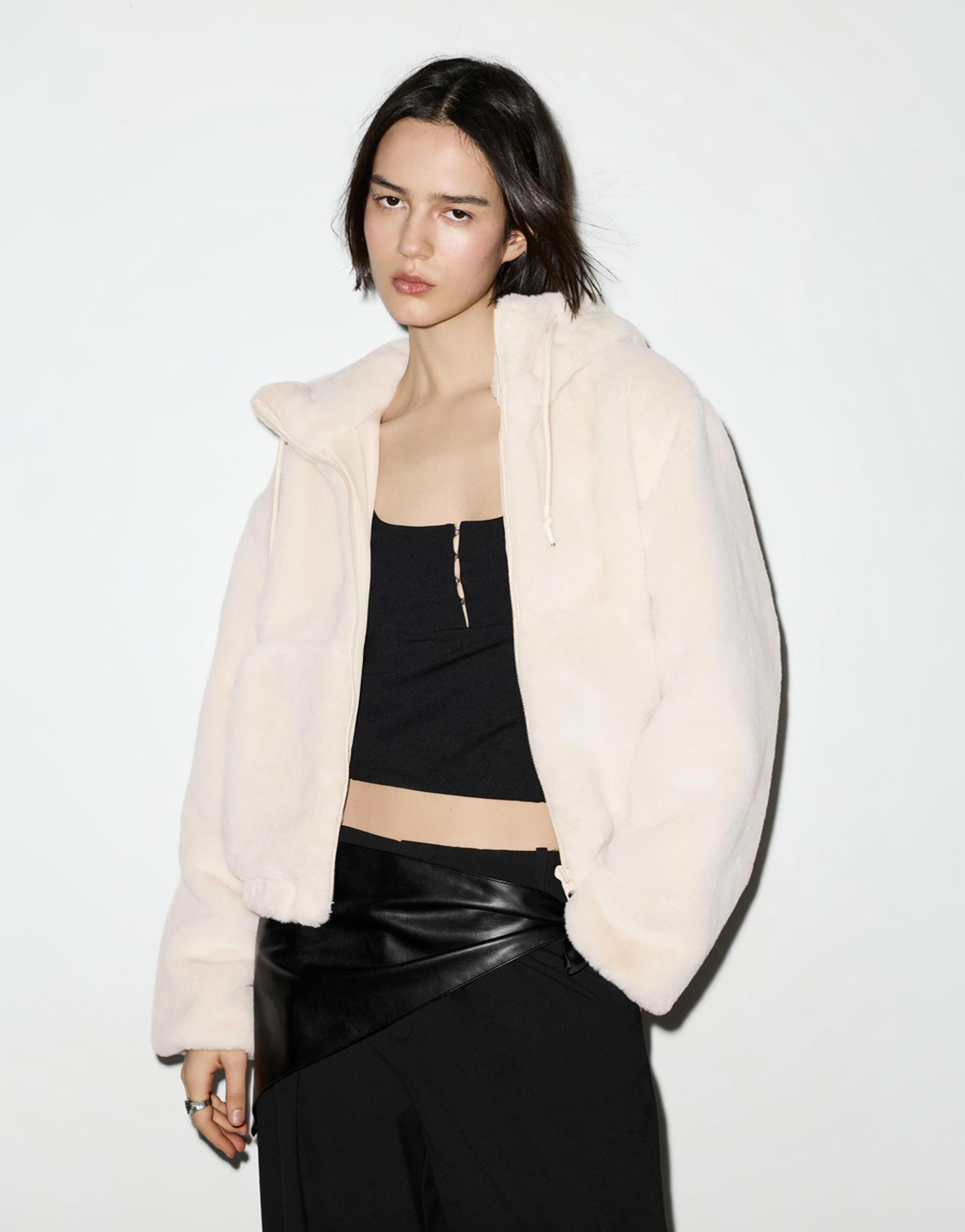 Faux fur hooded jacket — Ecru