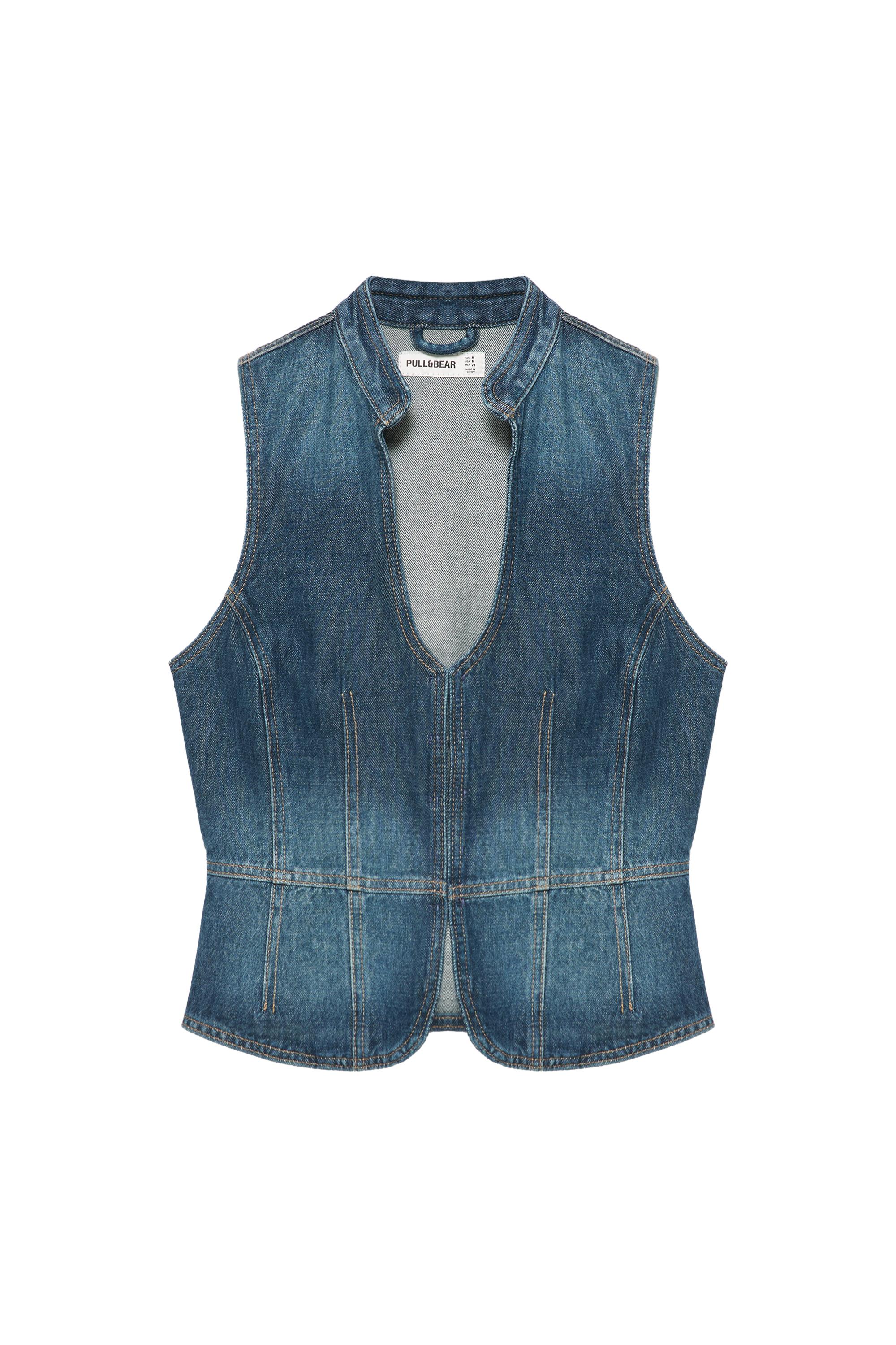 Pull&Bear Halter yaka dikiş detaylı denim top görsel 7
