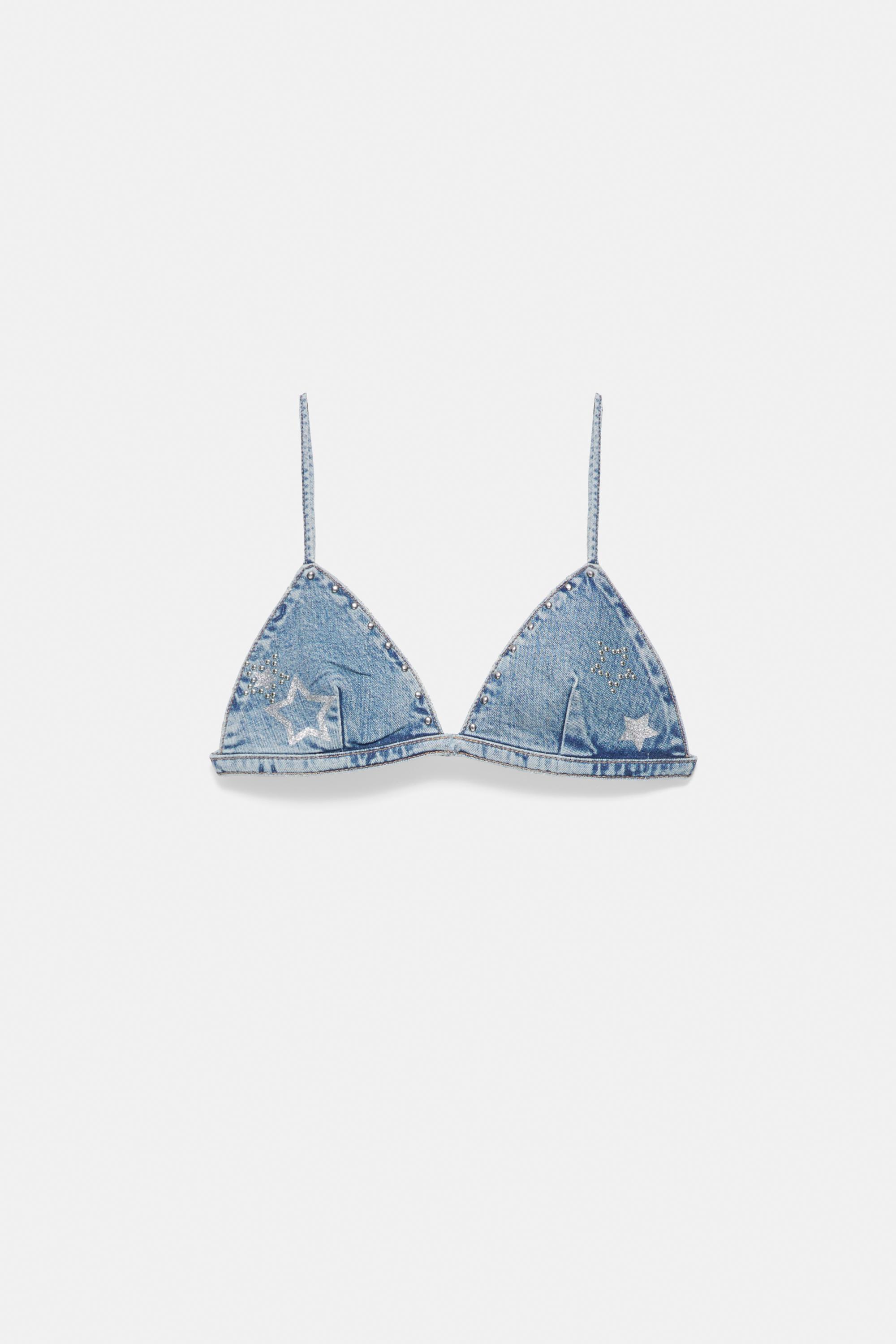 Studded star denim triangle top — Medium blue