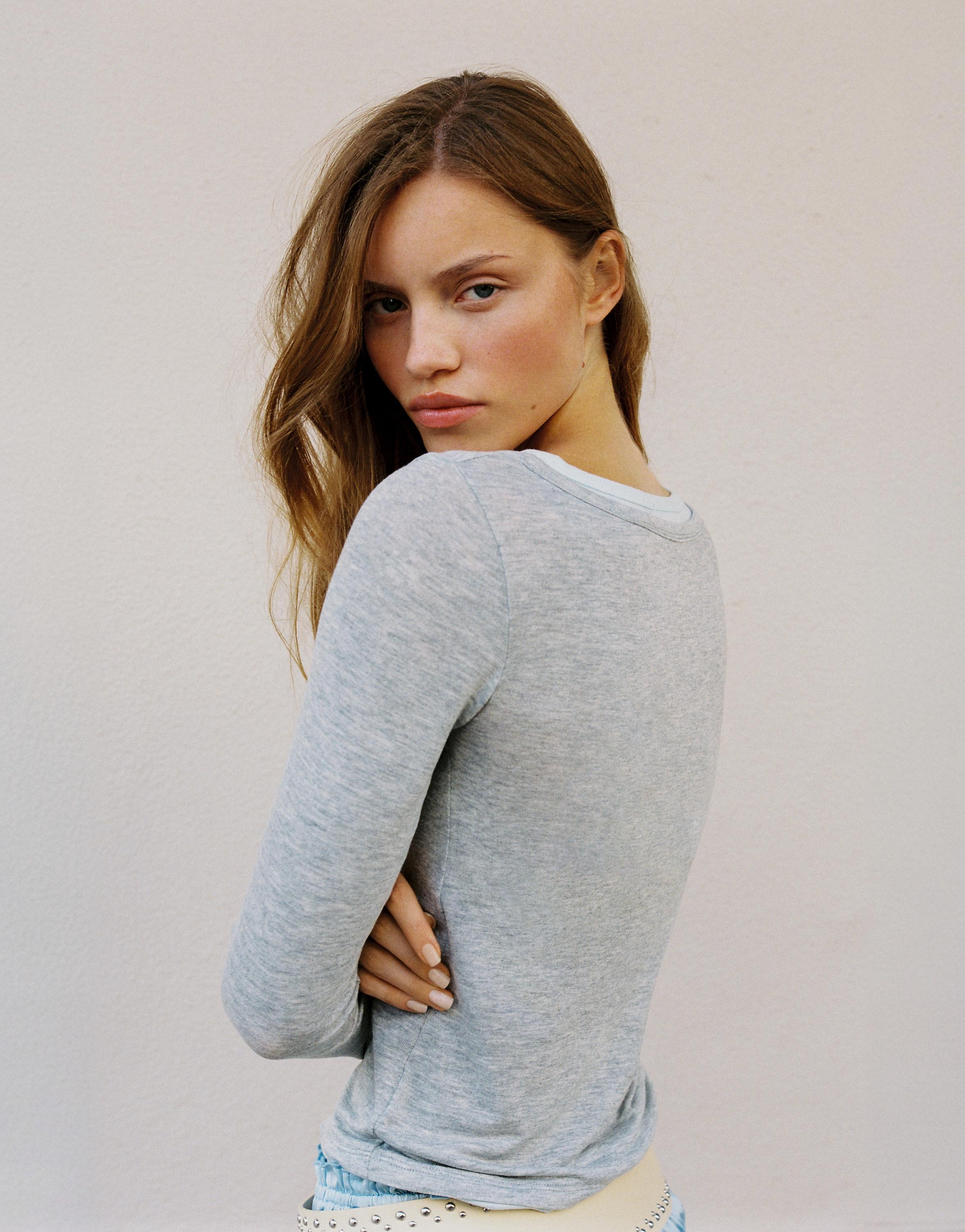 Buttoned double-layer T-shirt — Grey marl