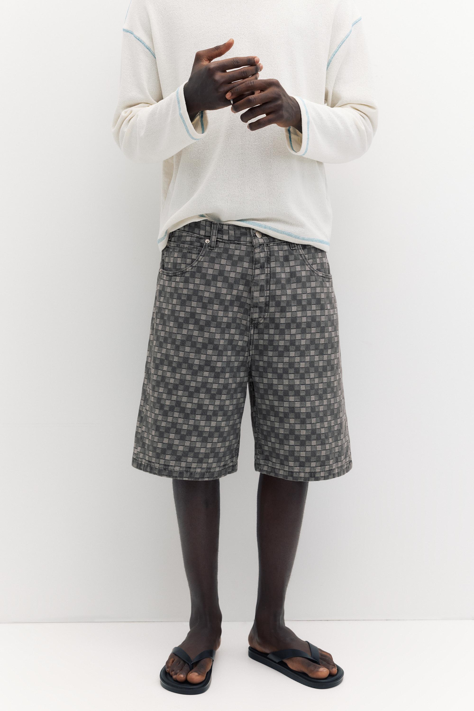 Checked denim Bermuda shorts — Faded black