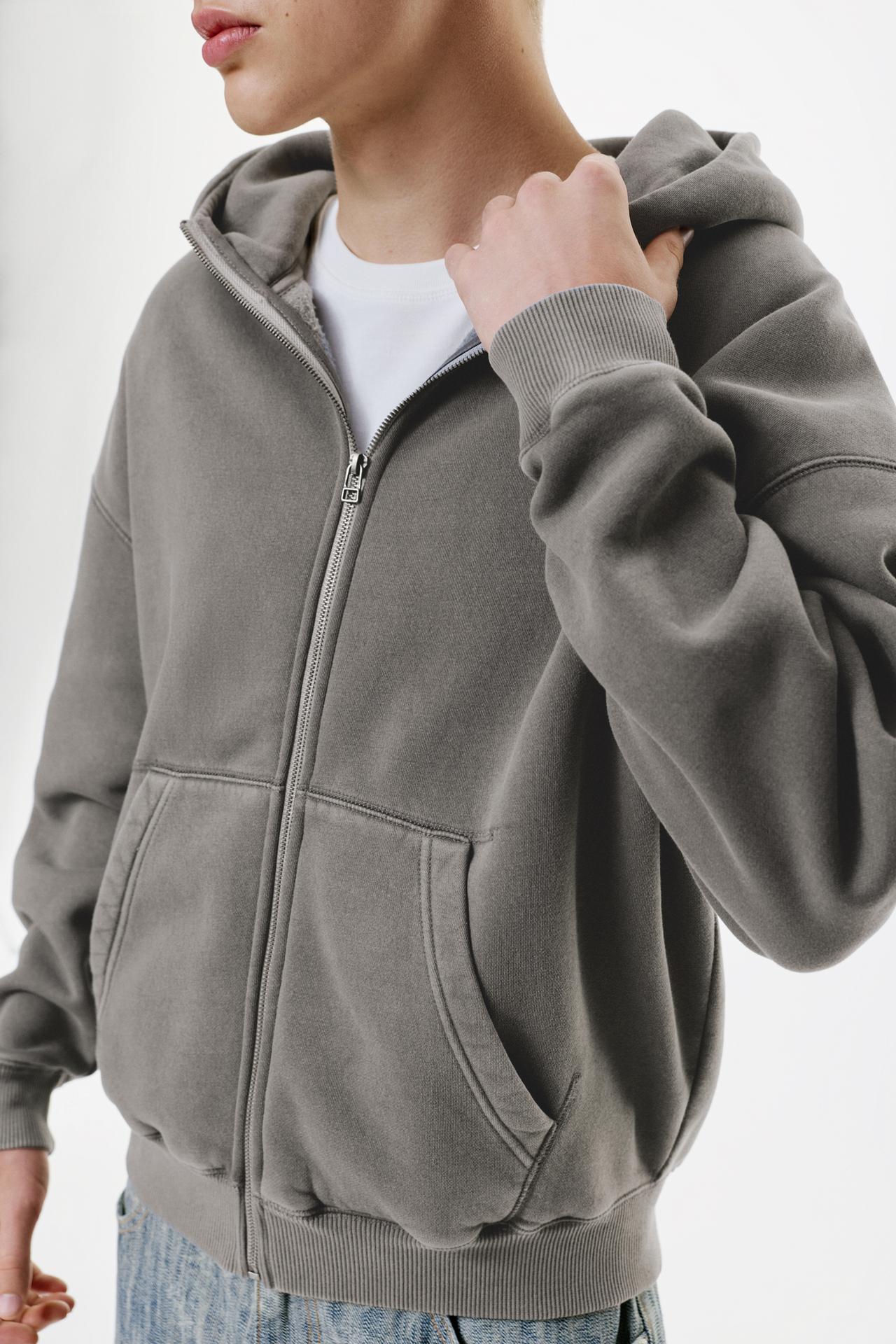 Washed boxy zip-up hoodie — Grey