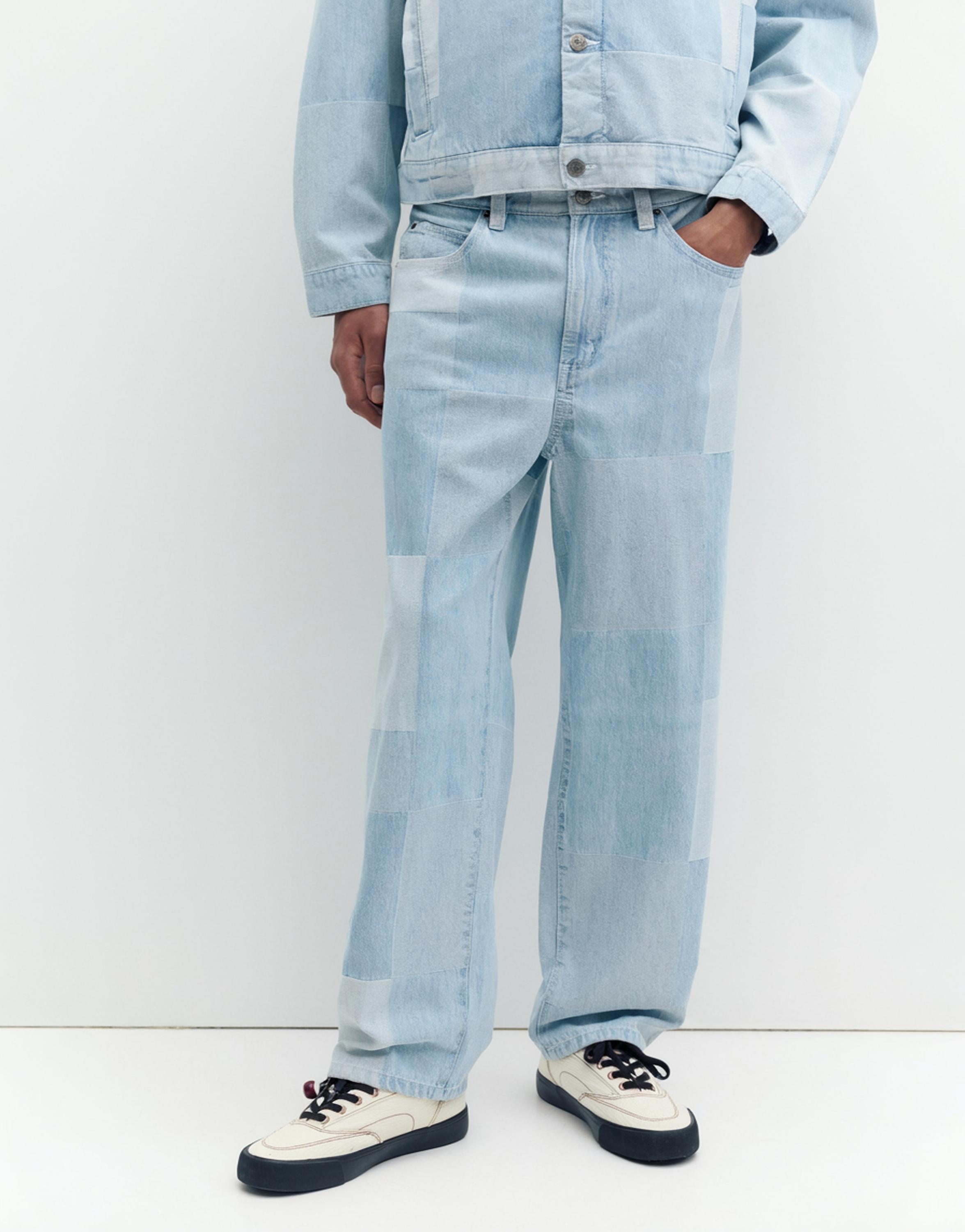 Baggy patchwork check jeans — Pale indigo