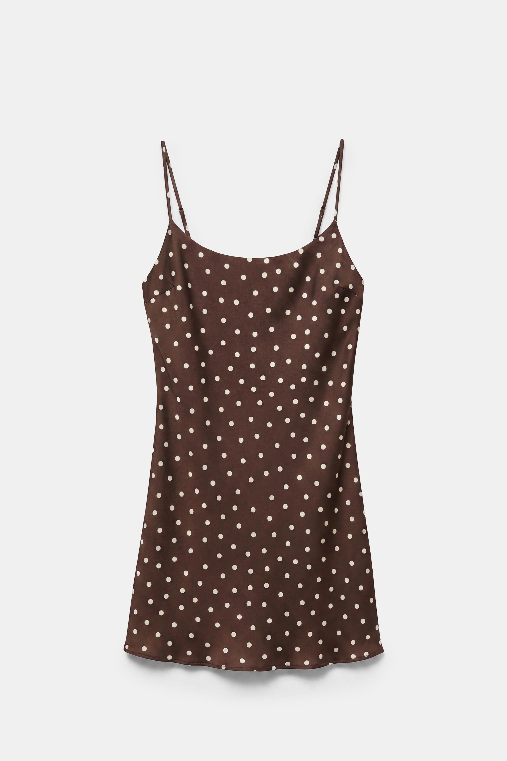 Short satin strappy dress — Brown/Ecru