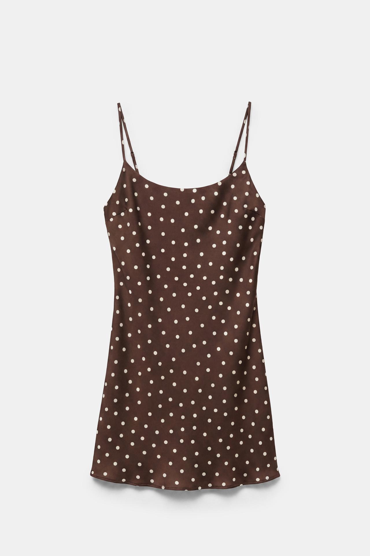 Short satin strappy dress — Brown/Ecru