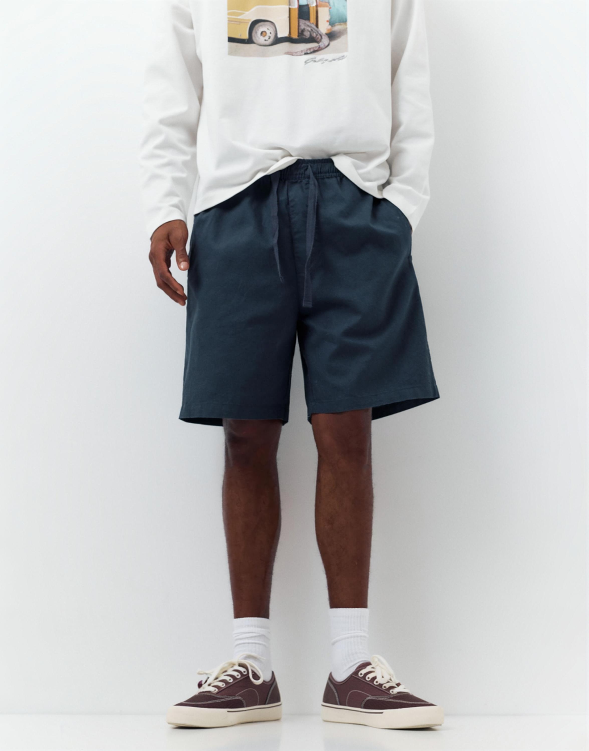 Linen blend Bermuda joggers — Dark blue