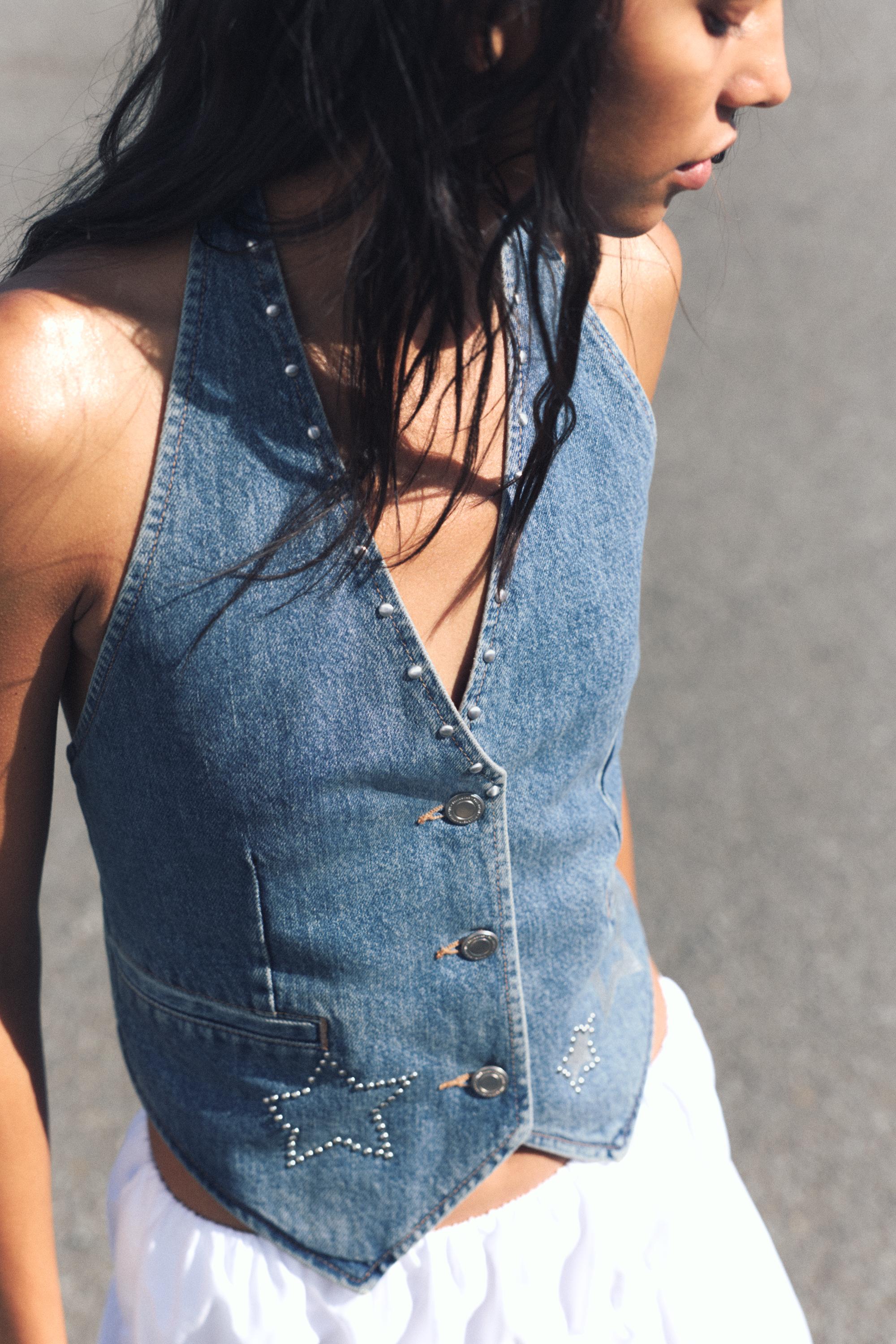 Yıldız ve zımba detaylı denim yelek - Görsel 15
