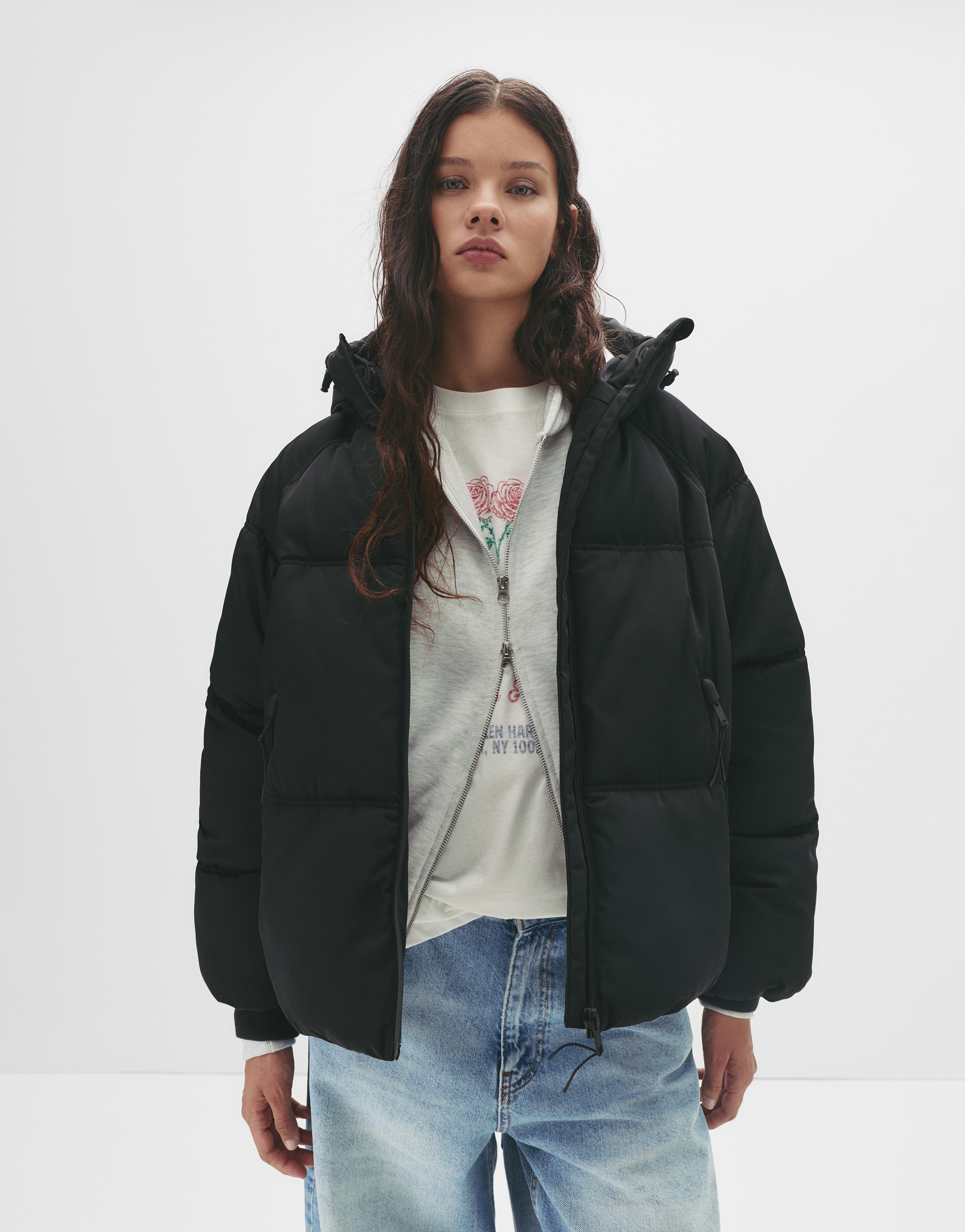 Puffer jacket with hood — Black