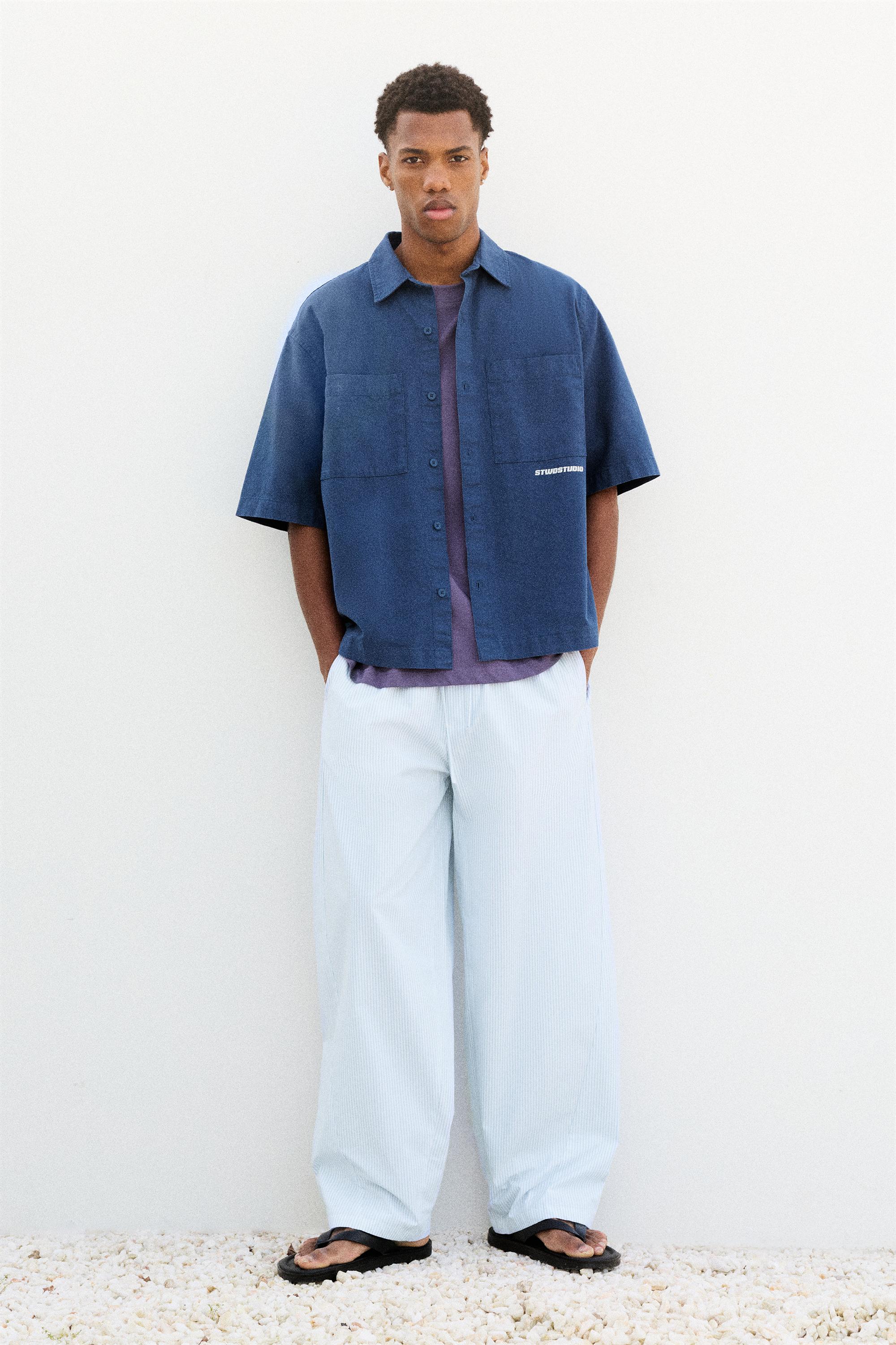 Relaxed fit striped pyjama-style trousers — Pale blue