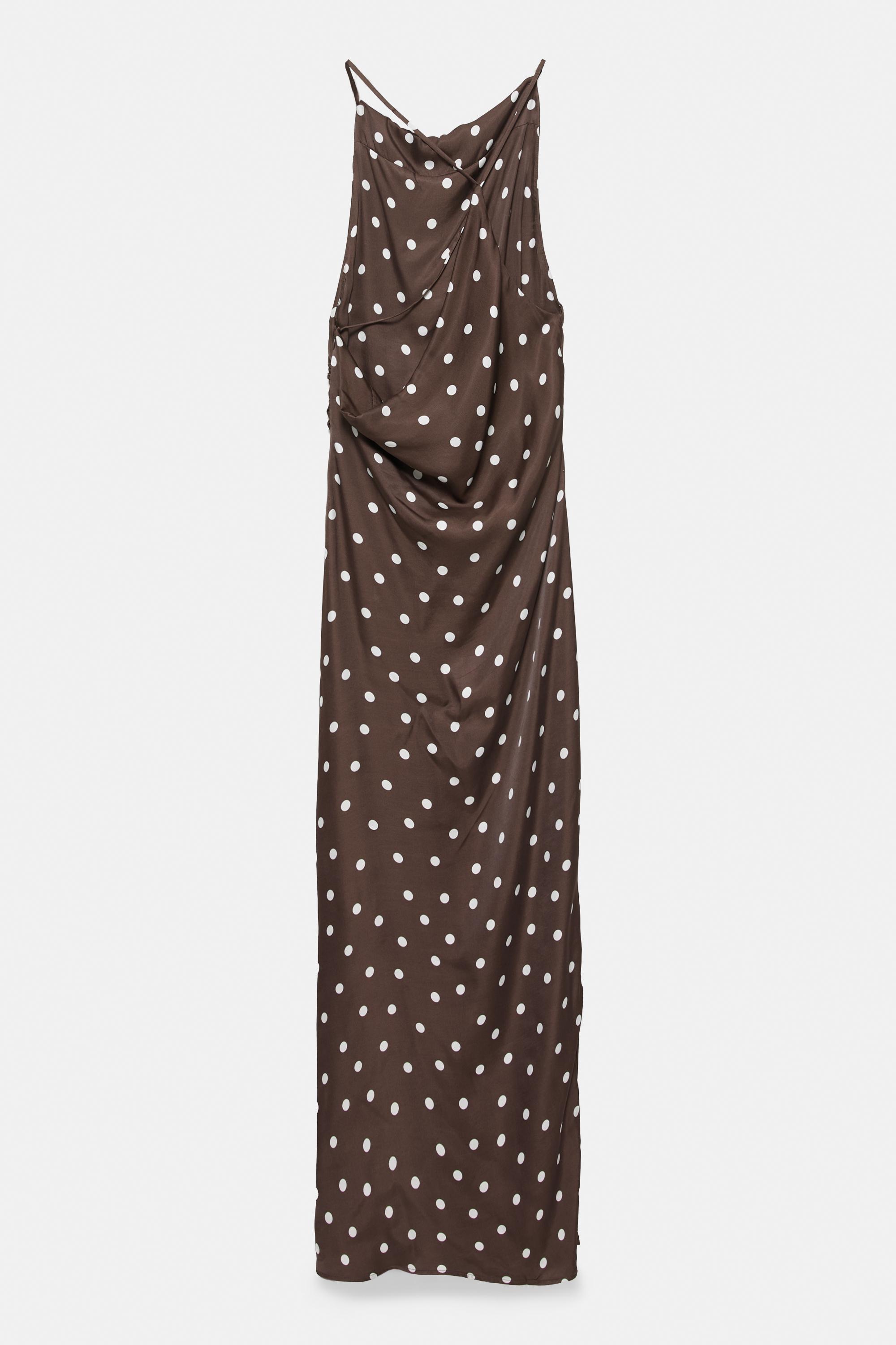 Draped polka dot satin dress — Brown