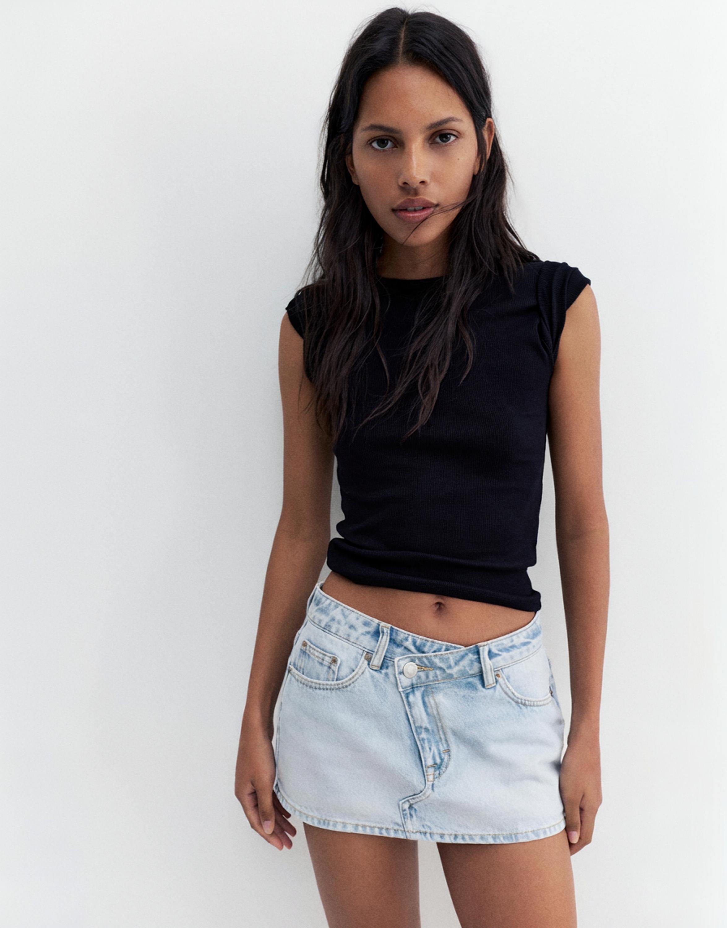 Cross-waist denim skort — Pale blue