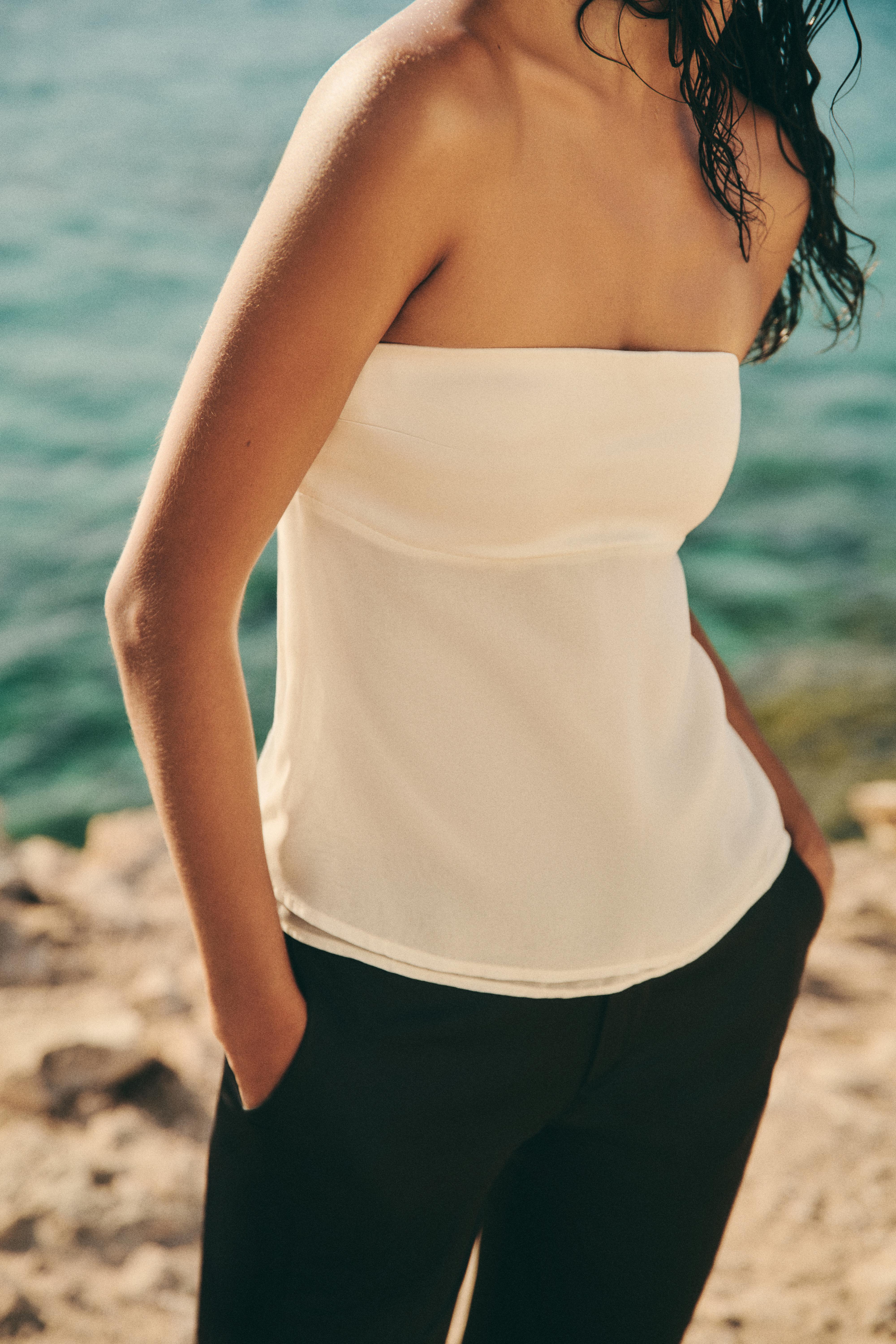 Mixed fabric strapless top — Ice