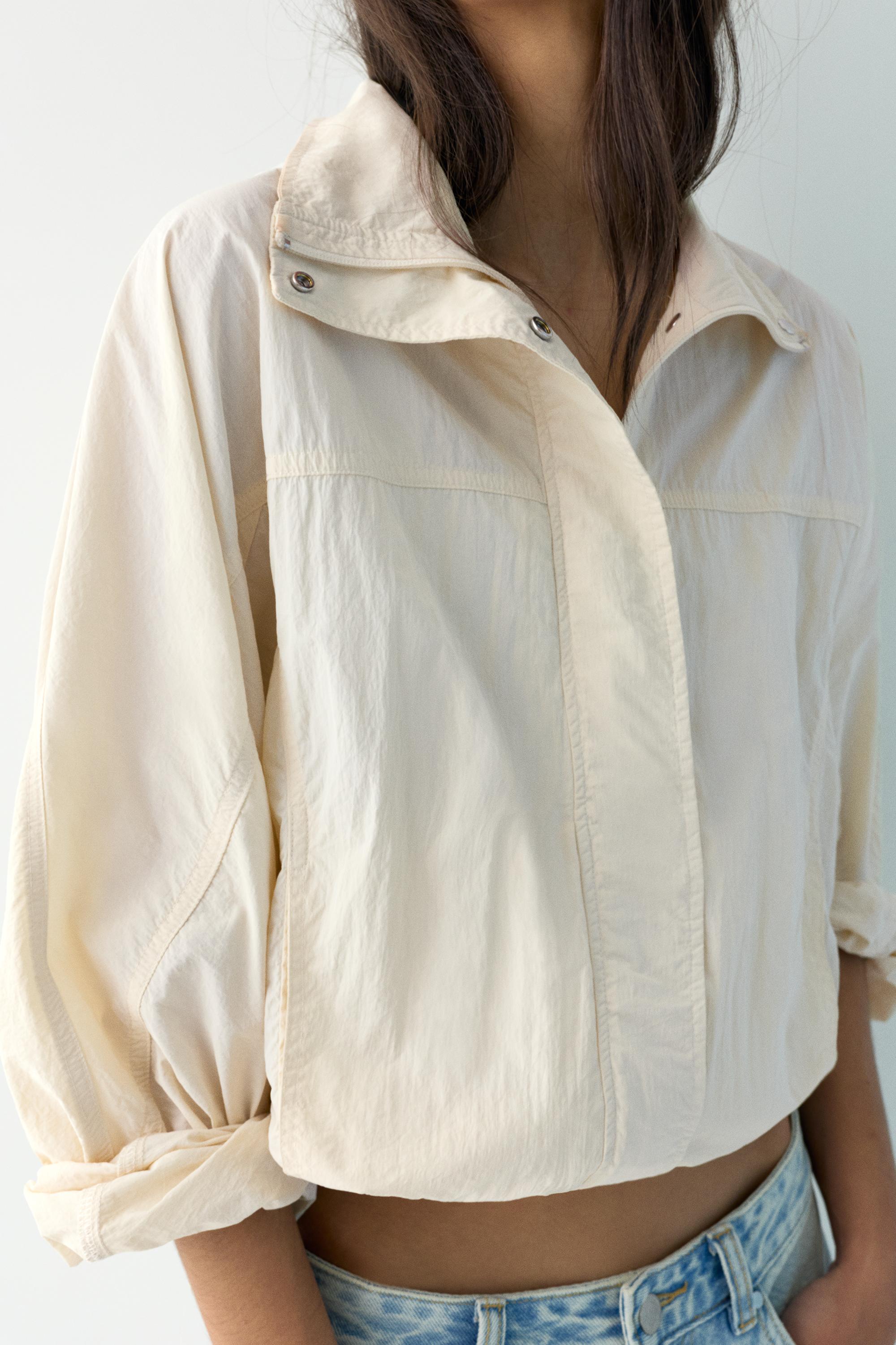 Short nylon-effect jacket — Ecru