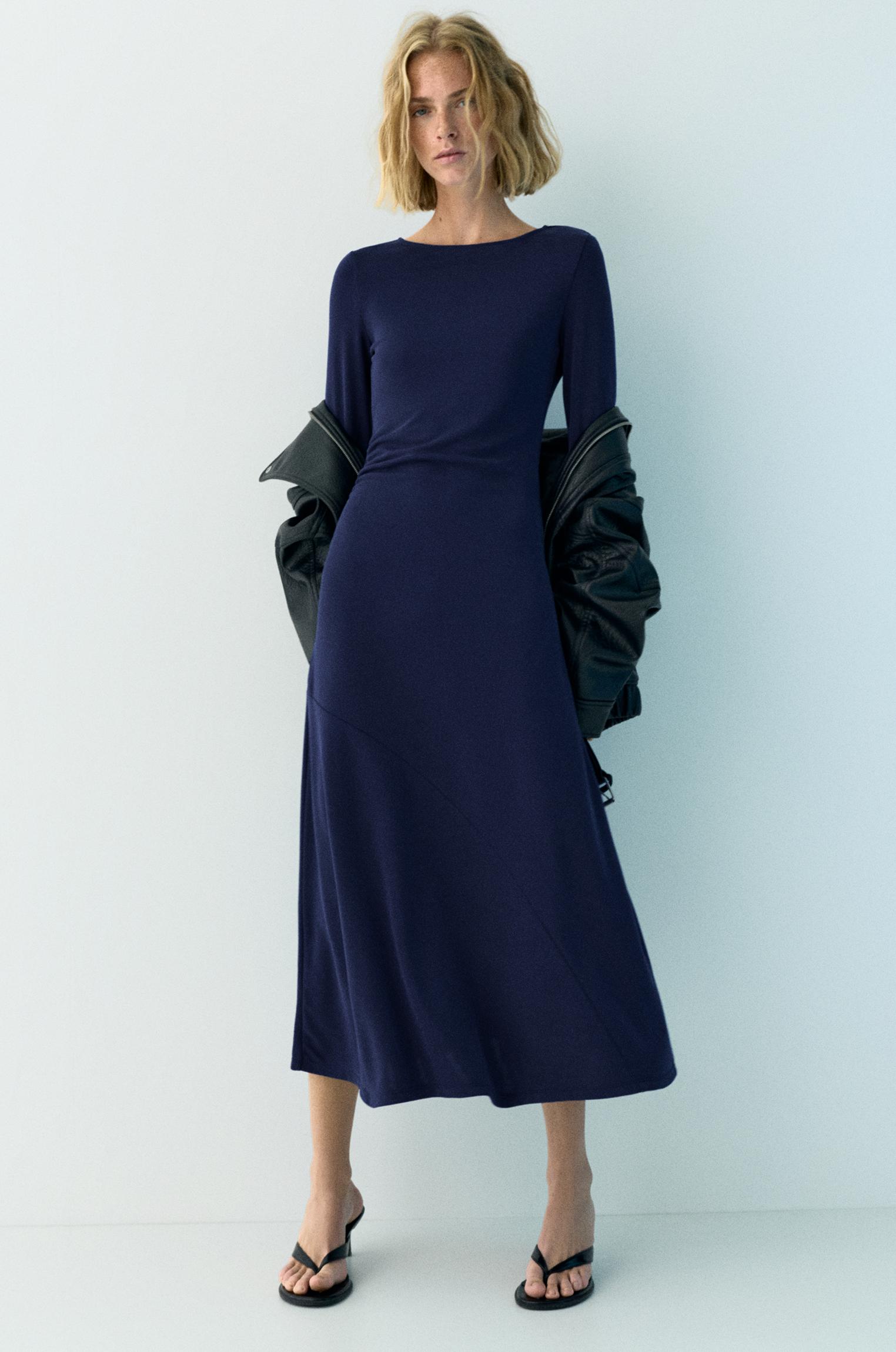 Fluid draped cupro midi dress — Faded navy