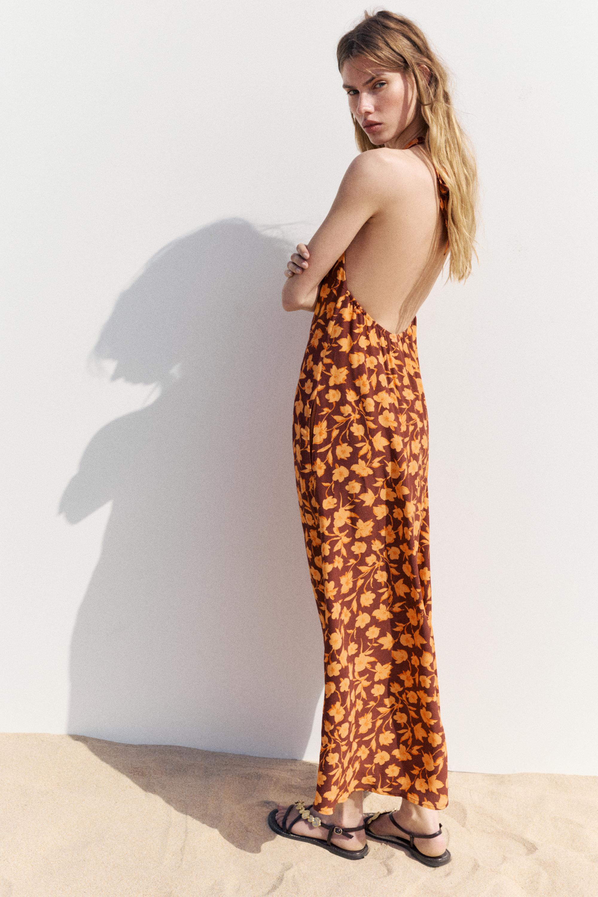 Floral halterneck midi dress — Brown