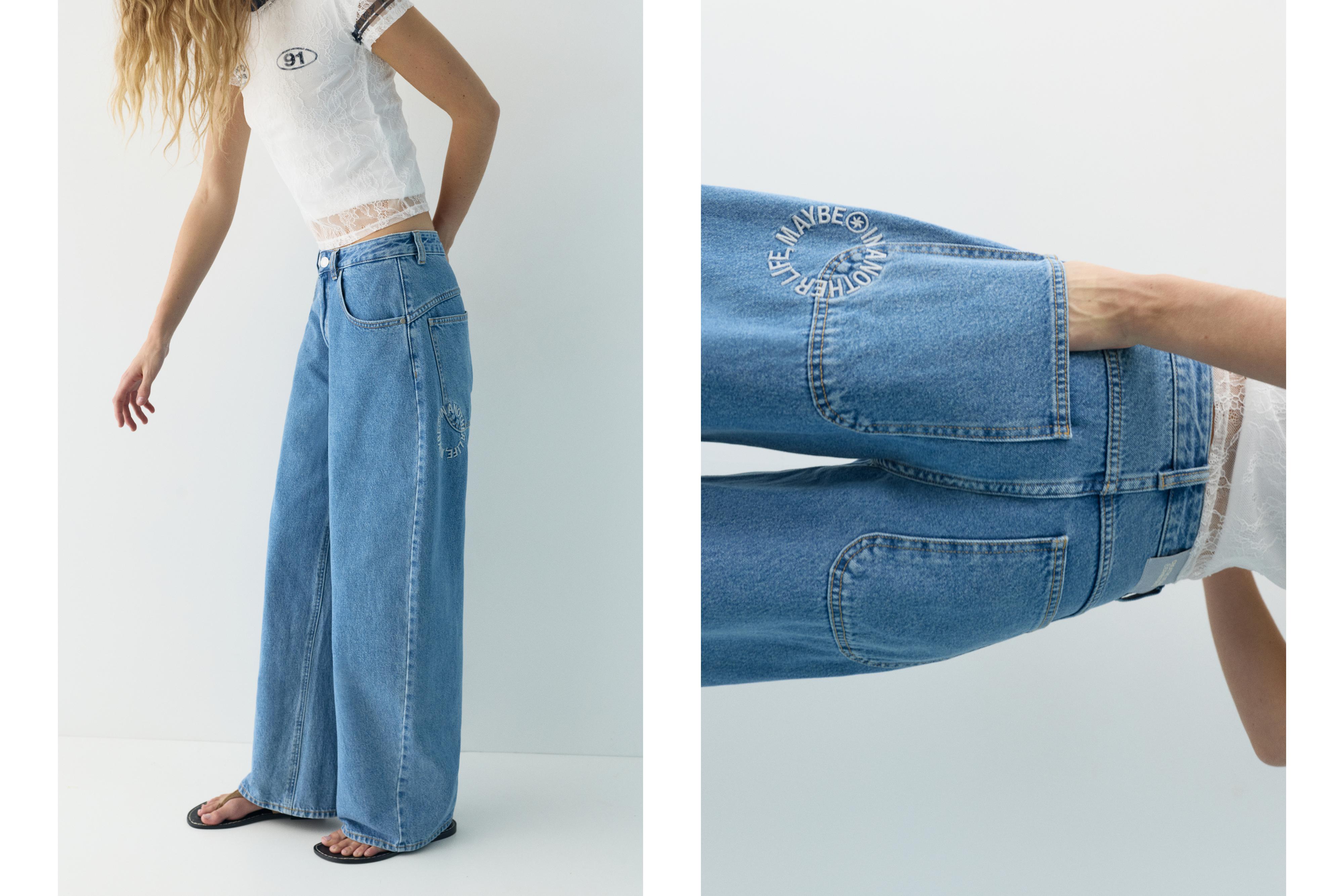 Balloon fit jeans with embroidered text — Medium blue