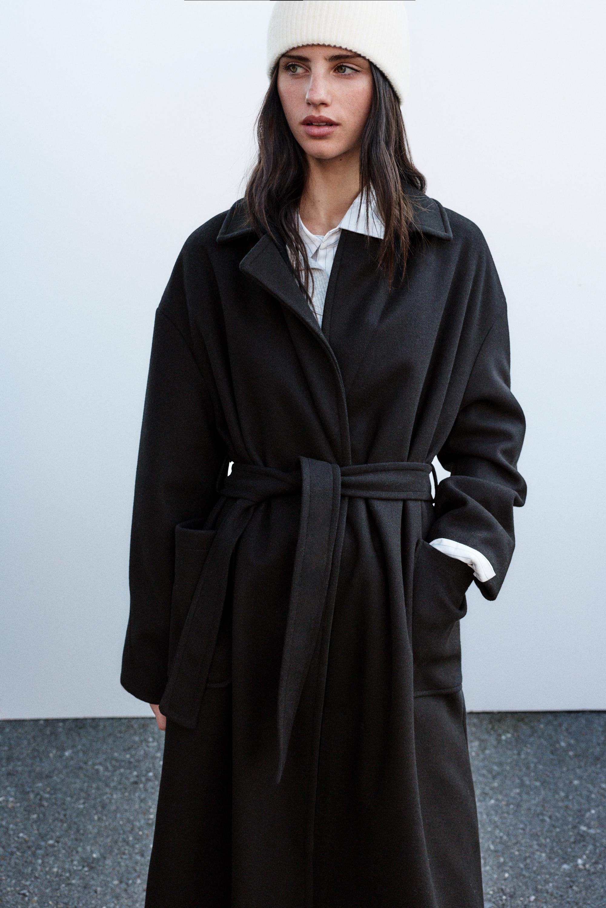 Long felt coat with belt — Black