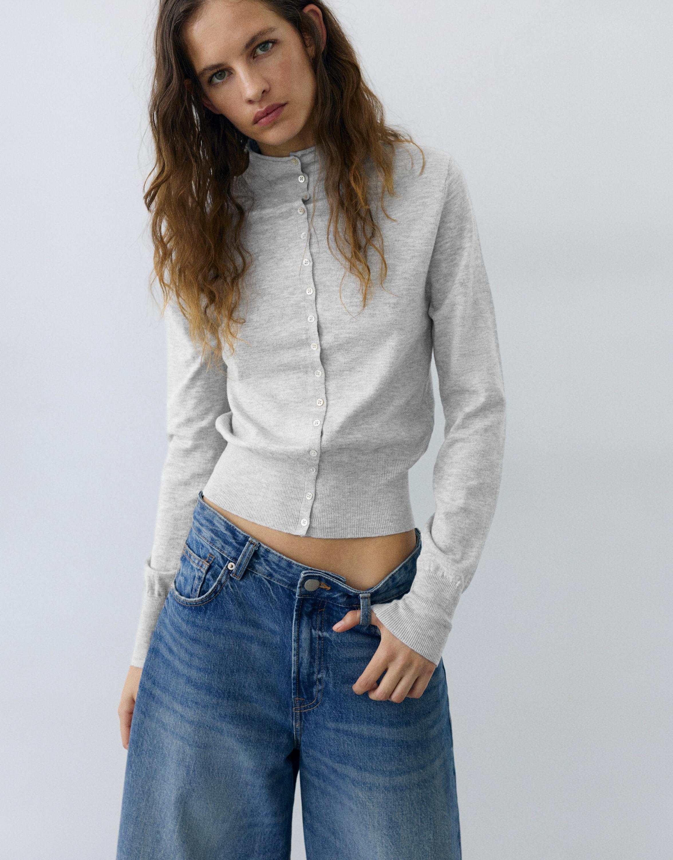 High-neck cardigan — Grey marl